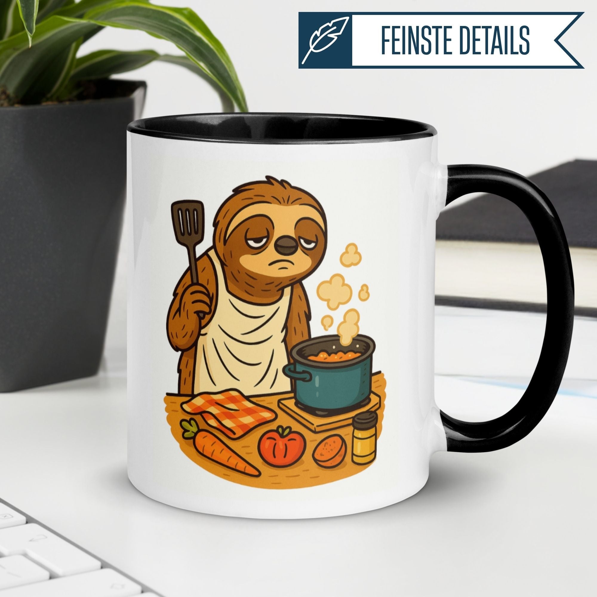 Momentals Tasse mit witzigem Faultier-Koch, das entspannte Küchenatmosphäre verkörpert.