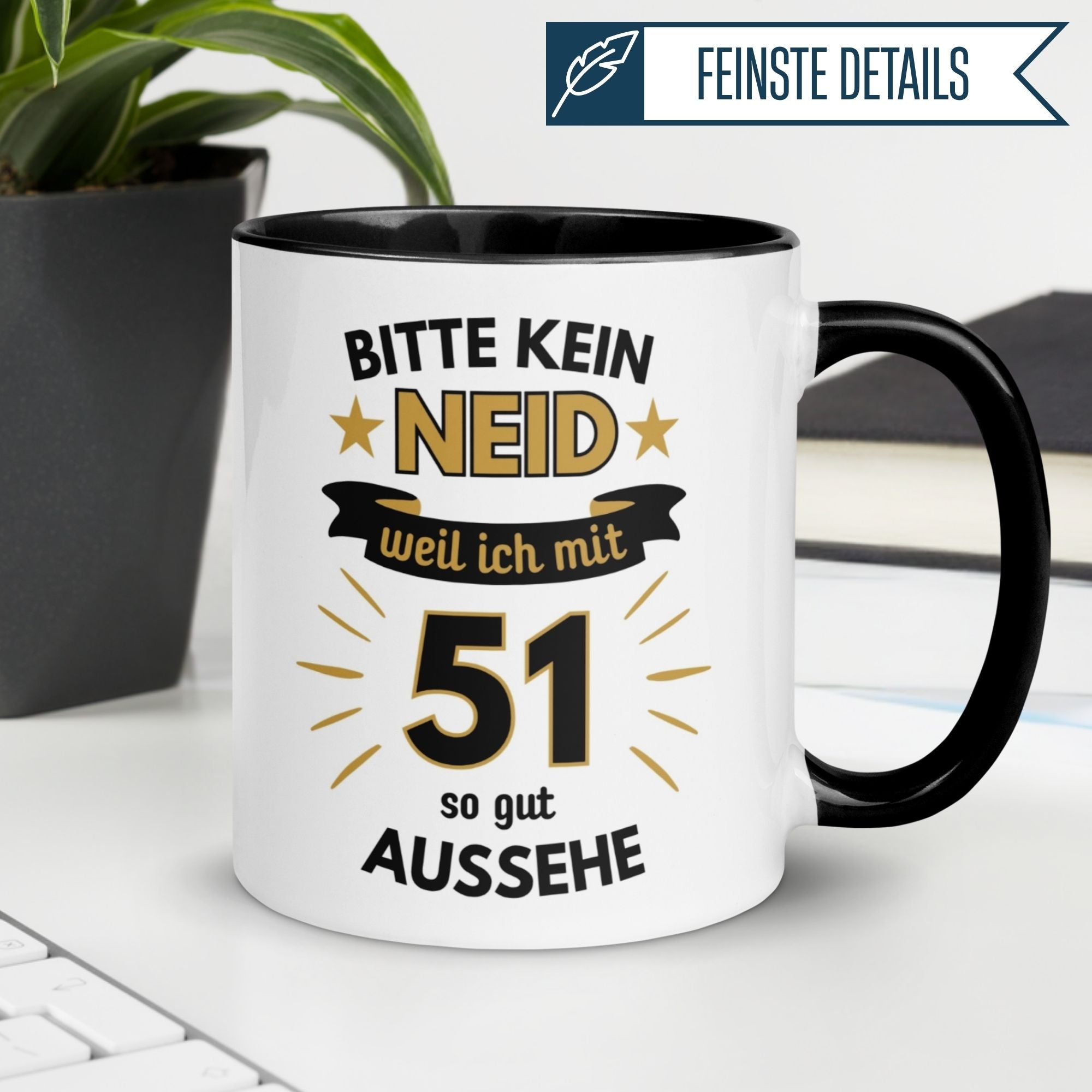 Humorous birthday mug for 51st birthday with a funny slogan and black handle.