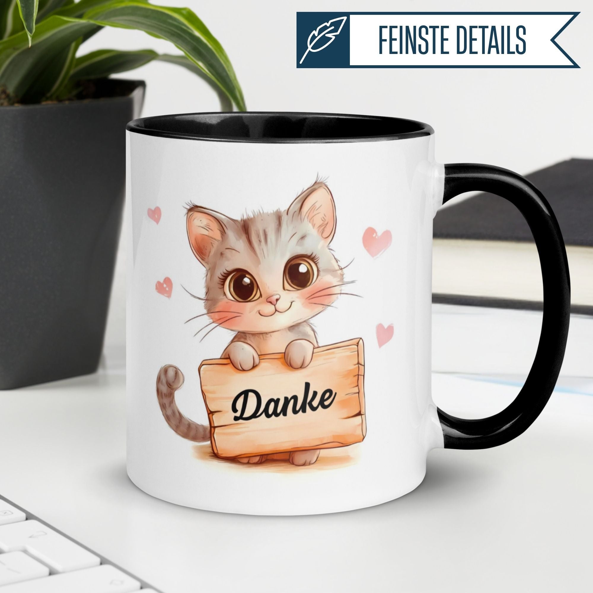 Momentals® Tasse Danke mit süßem Katzenmotiv, perfekt für Wertschätzung in jeder Kaffeepause.
