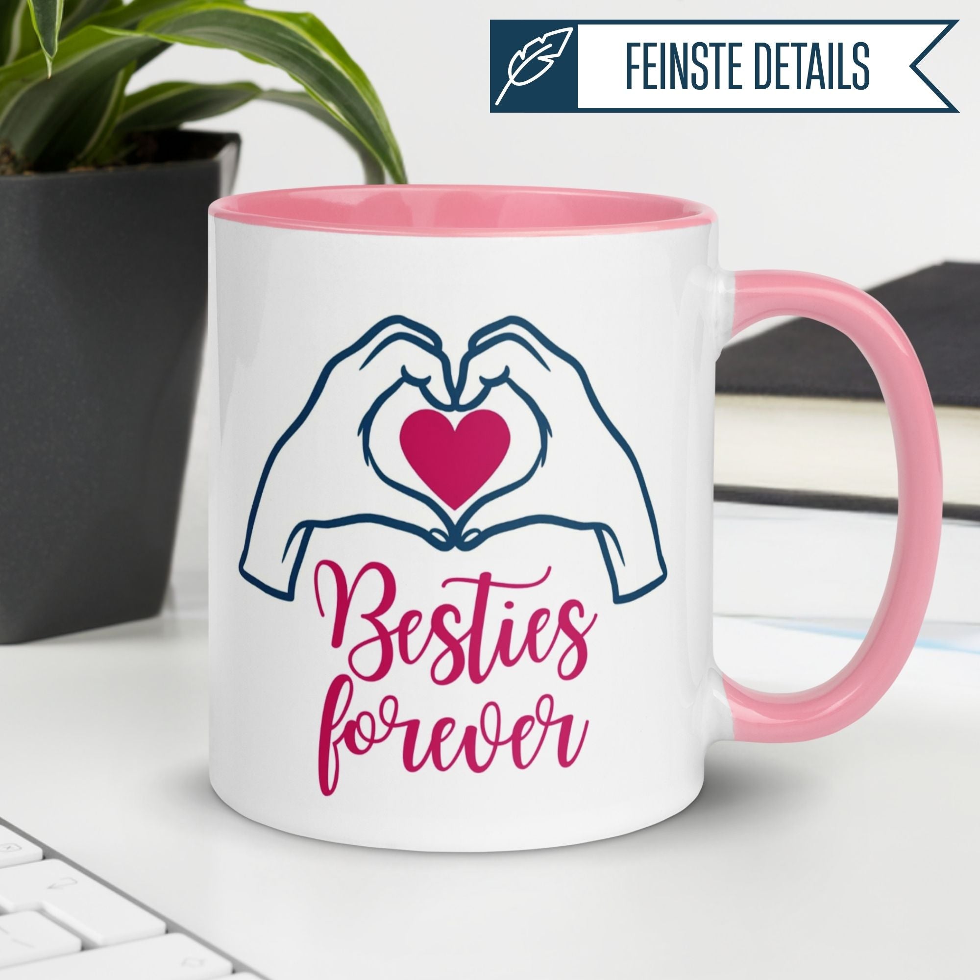 Momentals® Tasse mit rosa Henkel und Herz-Motiv, perfekte Geschenkidee für beste Freunde, "Besties Forever".