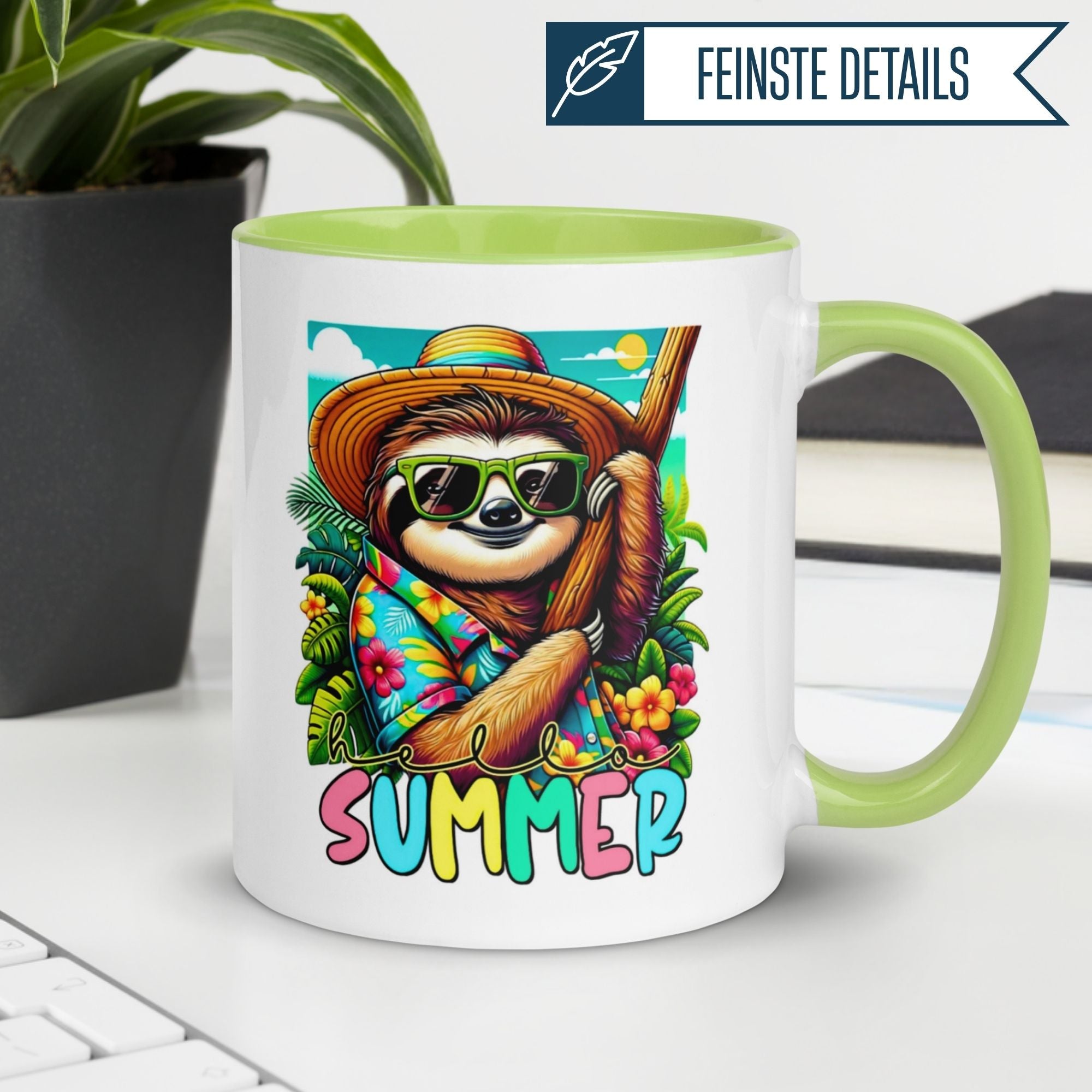 Momentals® Tasse mit Faultier im Hawaiihemd für Sommerlaune und gute Stimmung beim Frühstück.