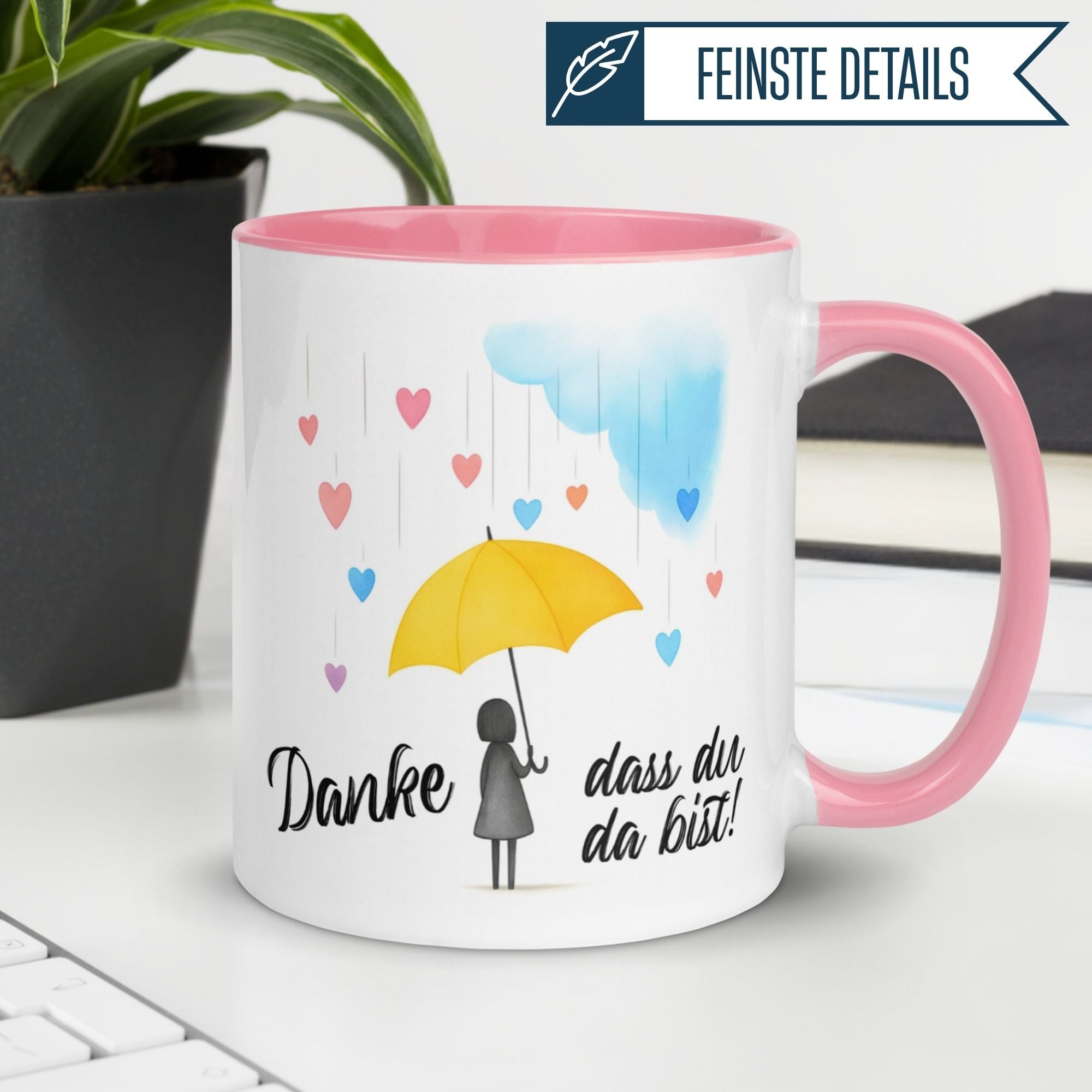 Momentals Tasse mit gelbem Regenschirm, Herzen und der Botschaft: Danke dass du da bist!