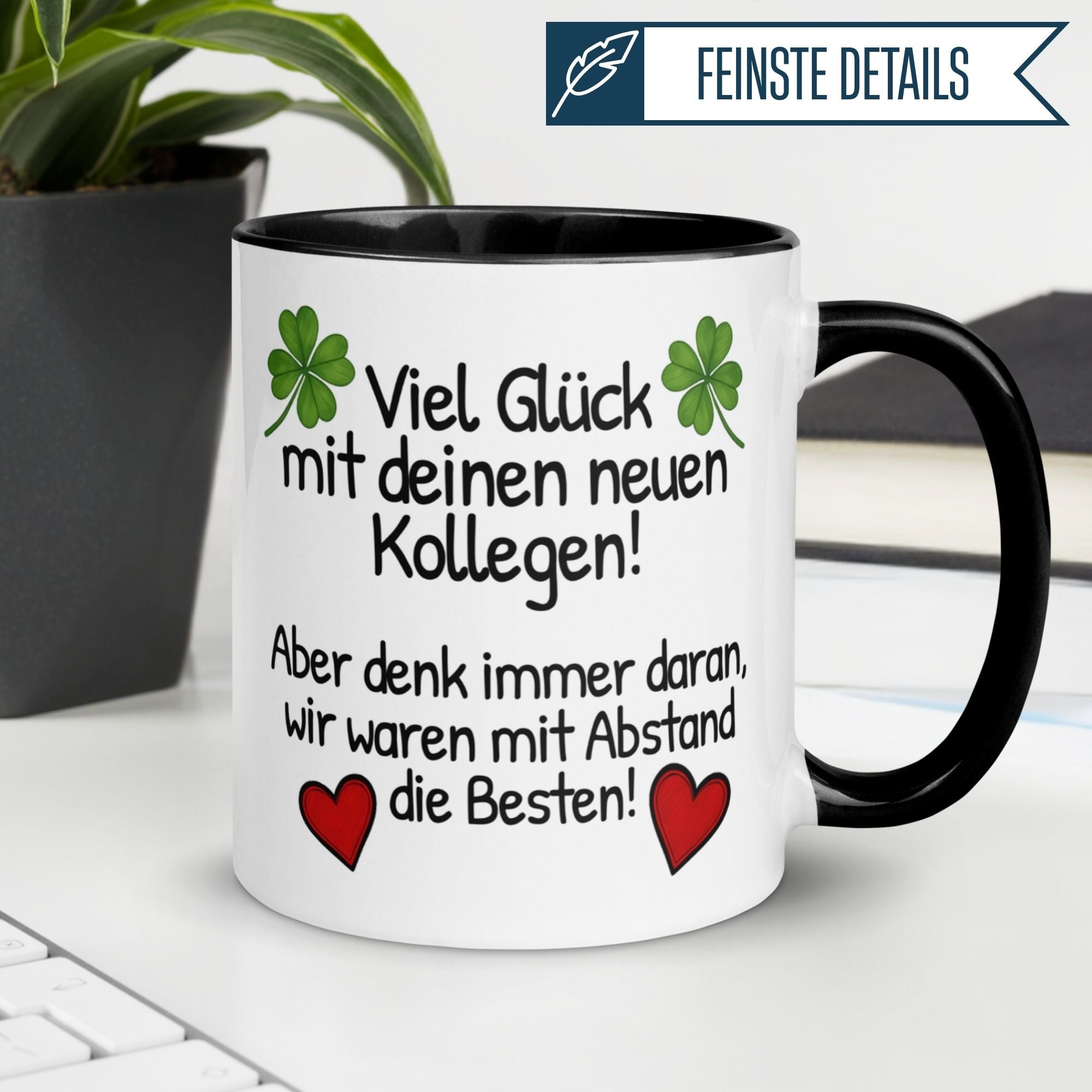 Momentals Tasse Abschied mit Kleeblatt und Herzen für neue Kollegen, humorvolle & wertschätzende Botschaft.
