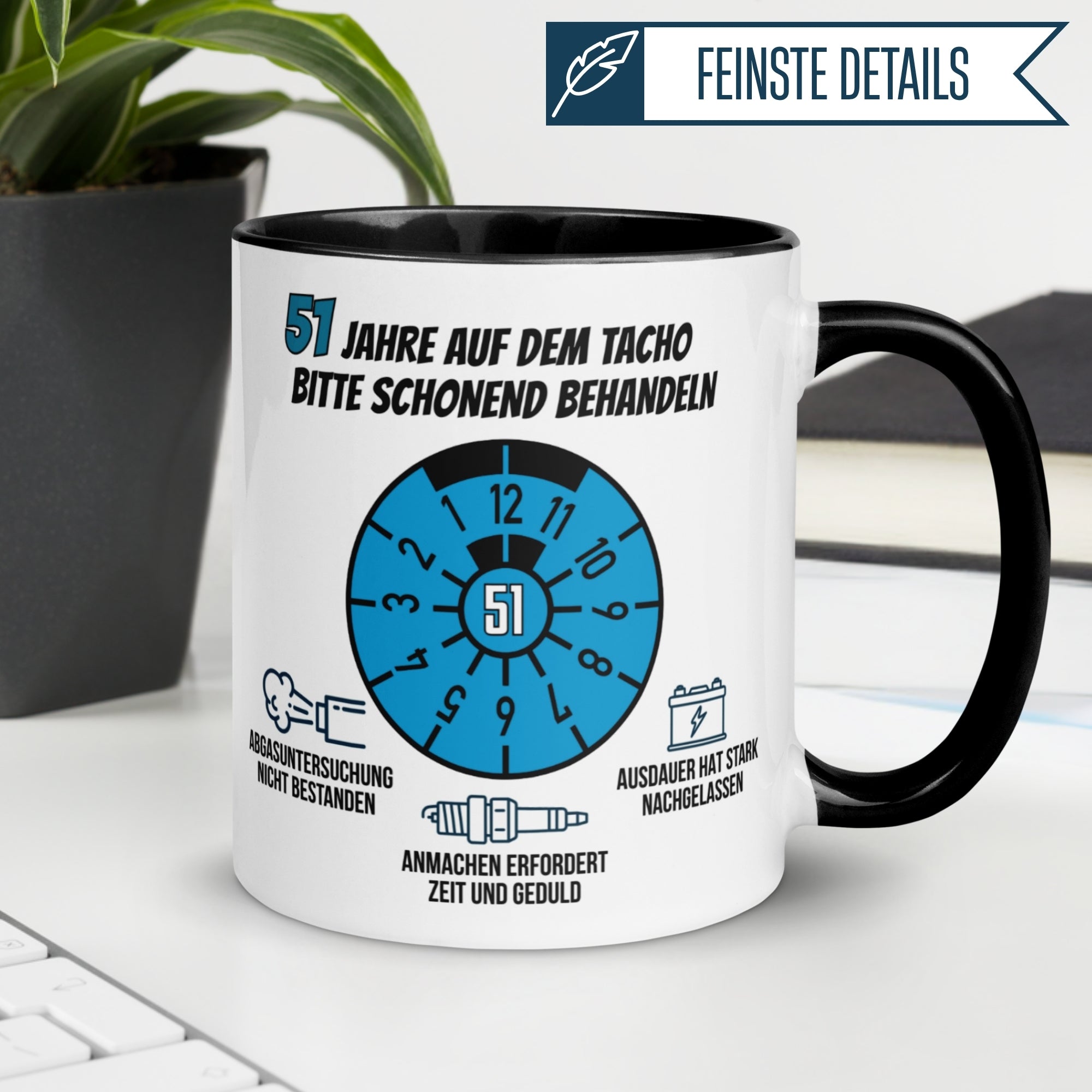 Momentals® Tasse 51. Geburtstag | Siegel & Spruch | 51 Jahre auf dem Tacho - Schonend behandeln