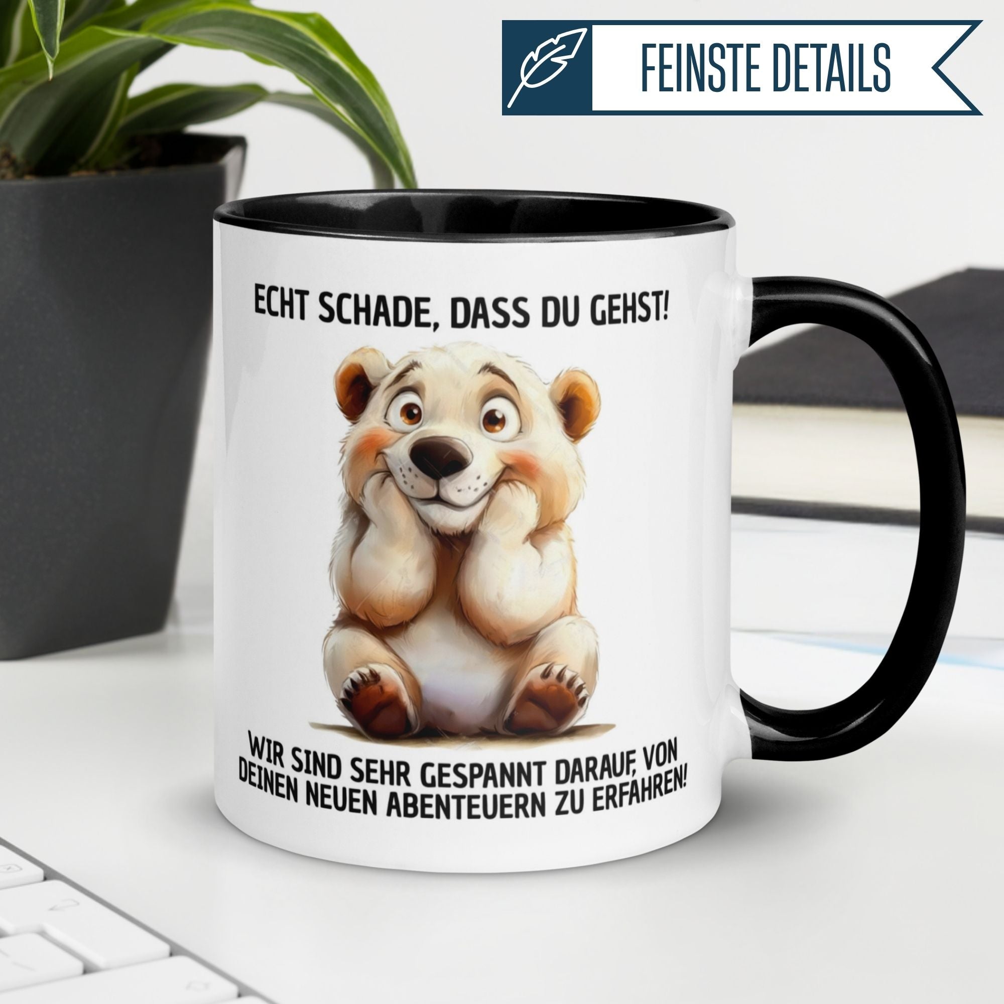Momentals Tasse mit Eisbär und Spruch "Echt schade, dass du gehst!" für herzige Abschiede.