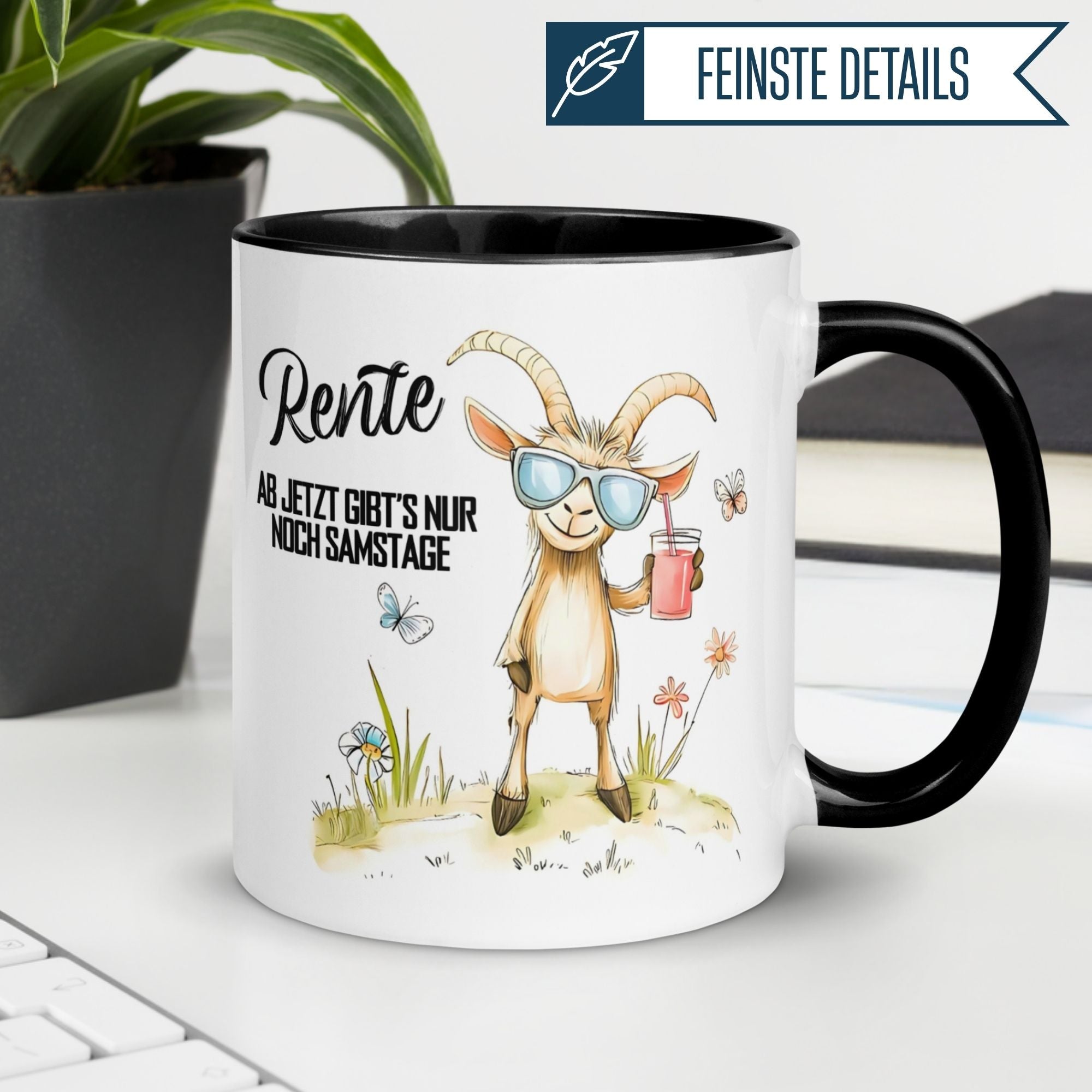 Momentals Tasse mit Ziege in Sonnenbrille und Spruch über den Ruhestand, perfekt als Geschenk.