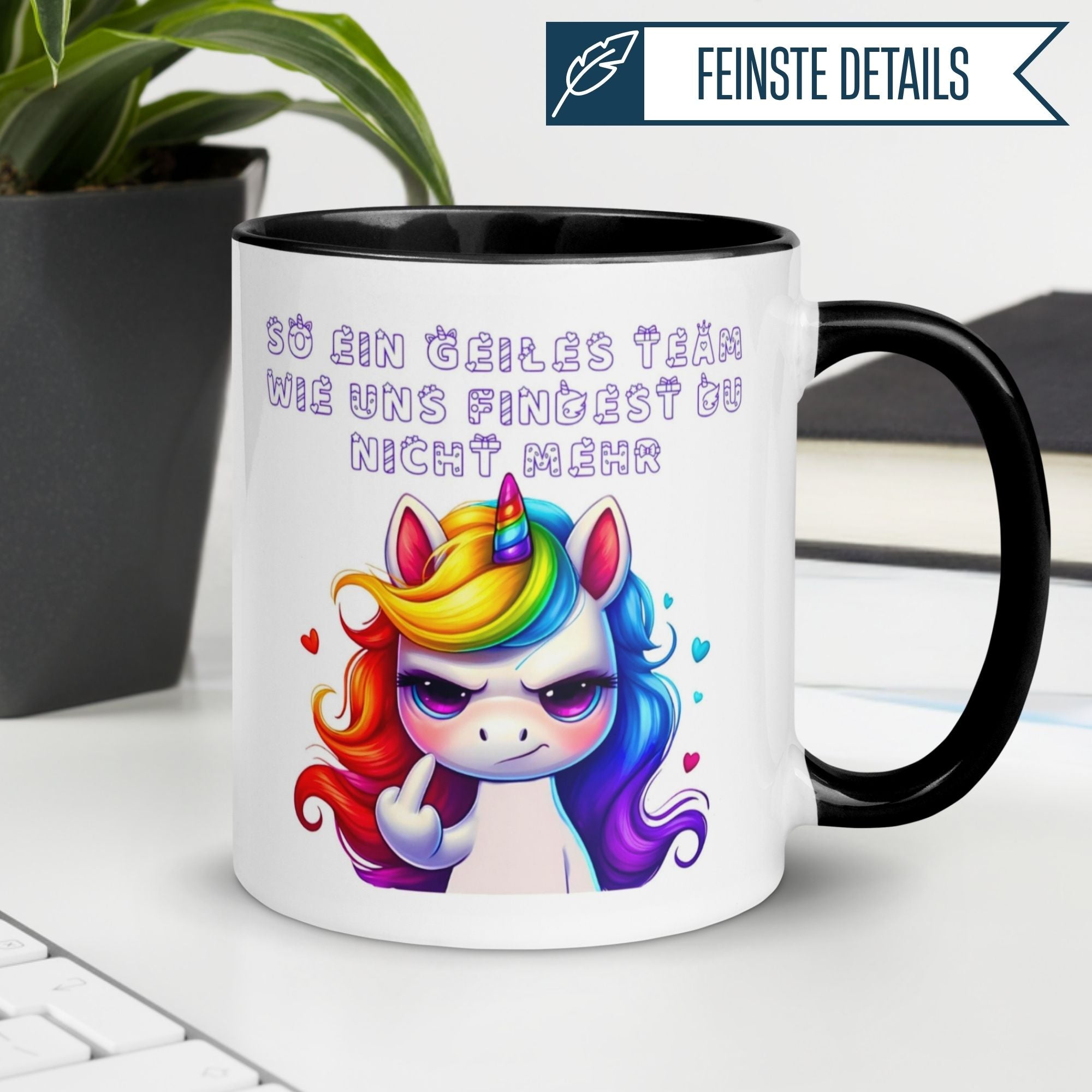 Momentals Tasse mit frechem Einhorn und Spruch für Kolleginnen, farbenfrohes Design und humorvoller Ausdruck.