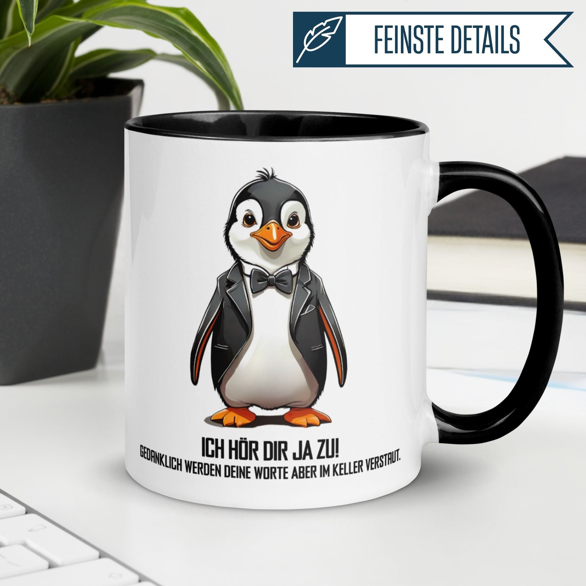 Momentals® Tasse mit Pinguin-Motiv und Spruch für Morgenmuffel, humorvoll und charmant.