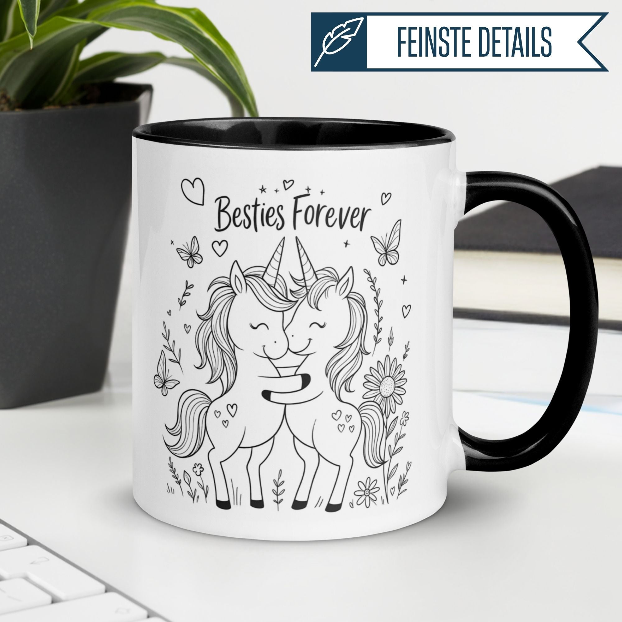 Momentals Tasse mit Einhörnern und dem Text 'Besties Forever', ideal für beste Freundinnen.
