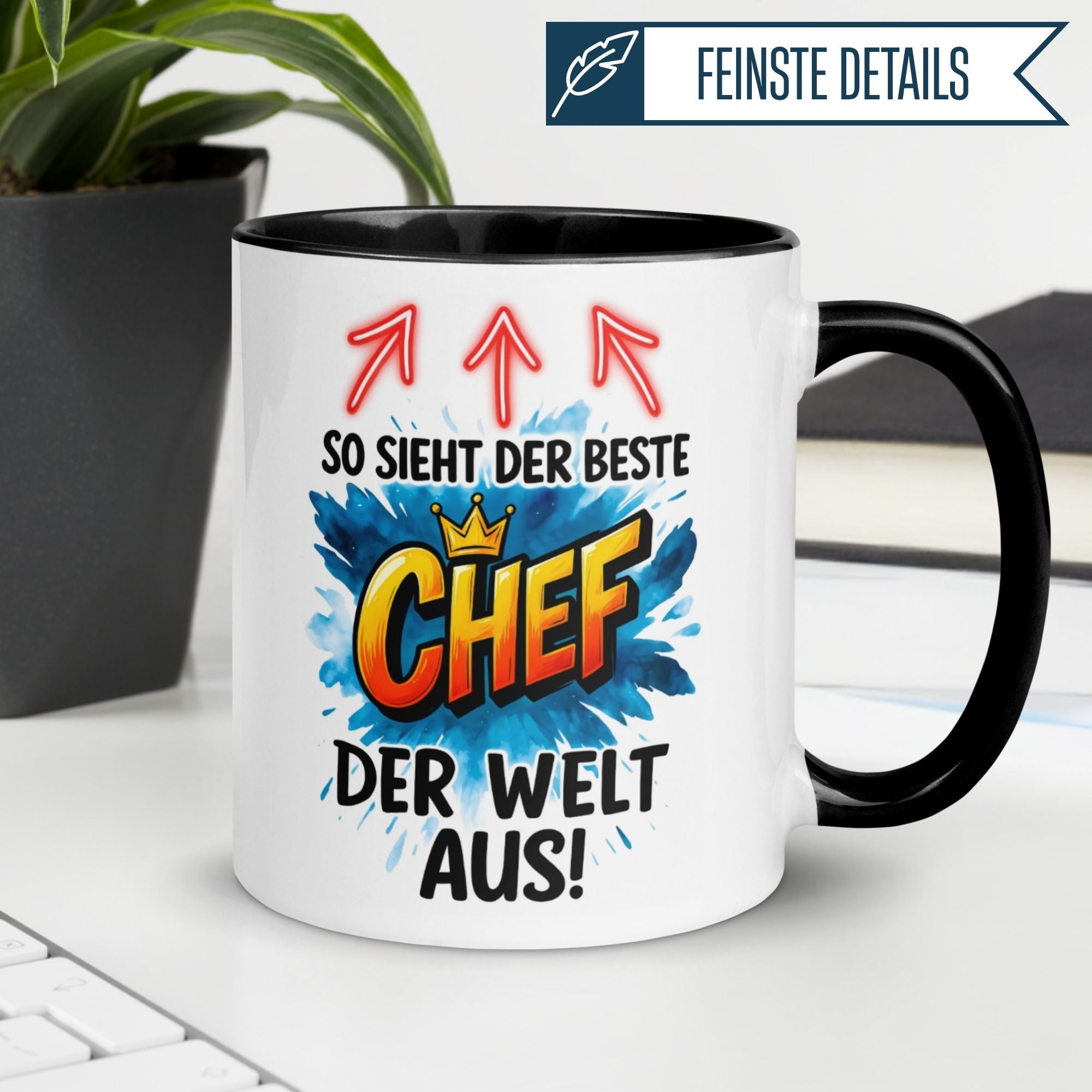 Momentals Tasse mit Spruch "So sieht der beste Chef der Welt aus!" und buntem CHEF-Design.