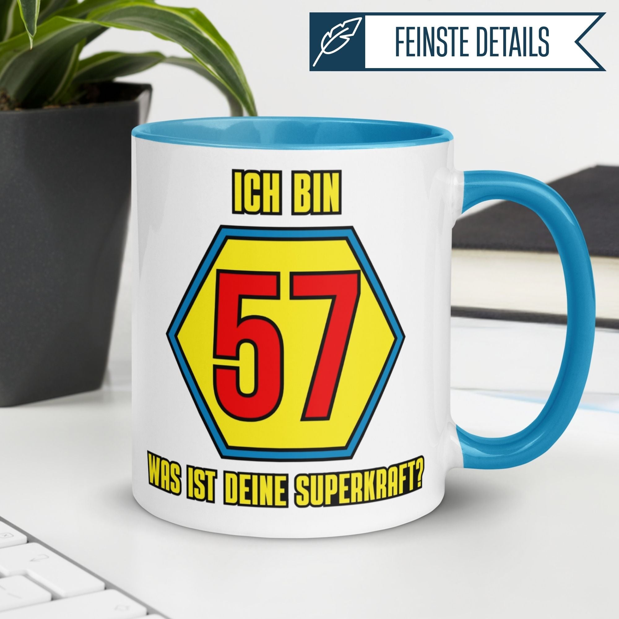 Momentals® Tasse 57. Geburtstag | Superheld & Spruch | Ich bin 57 und was ist deine Superkraft