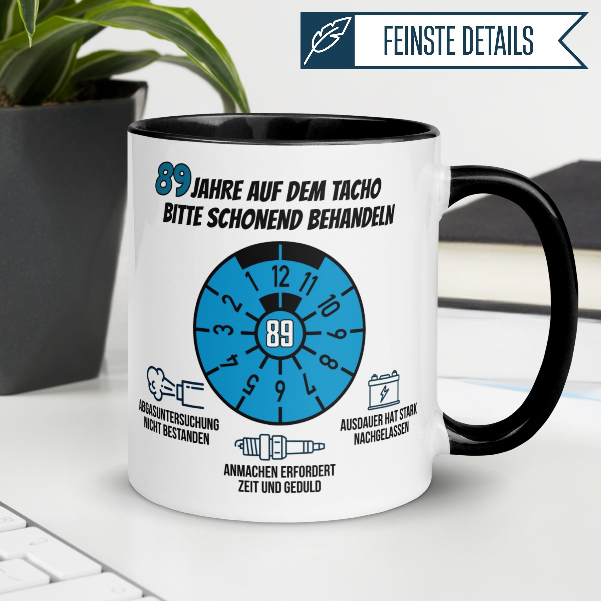 Momentals® Tasse 89. Geburtstag | Siegel & Spruch | 89 Jahre auf dem Tacho - Schonend behandeln