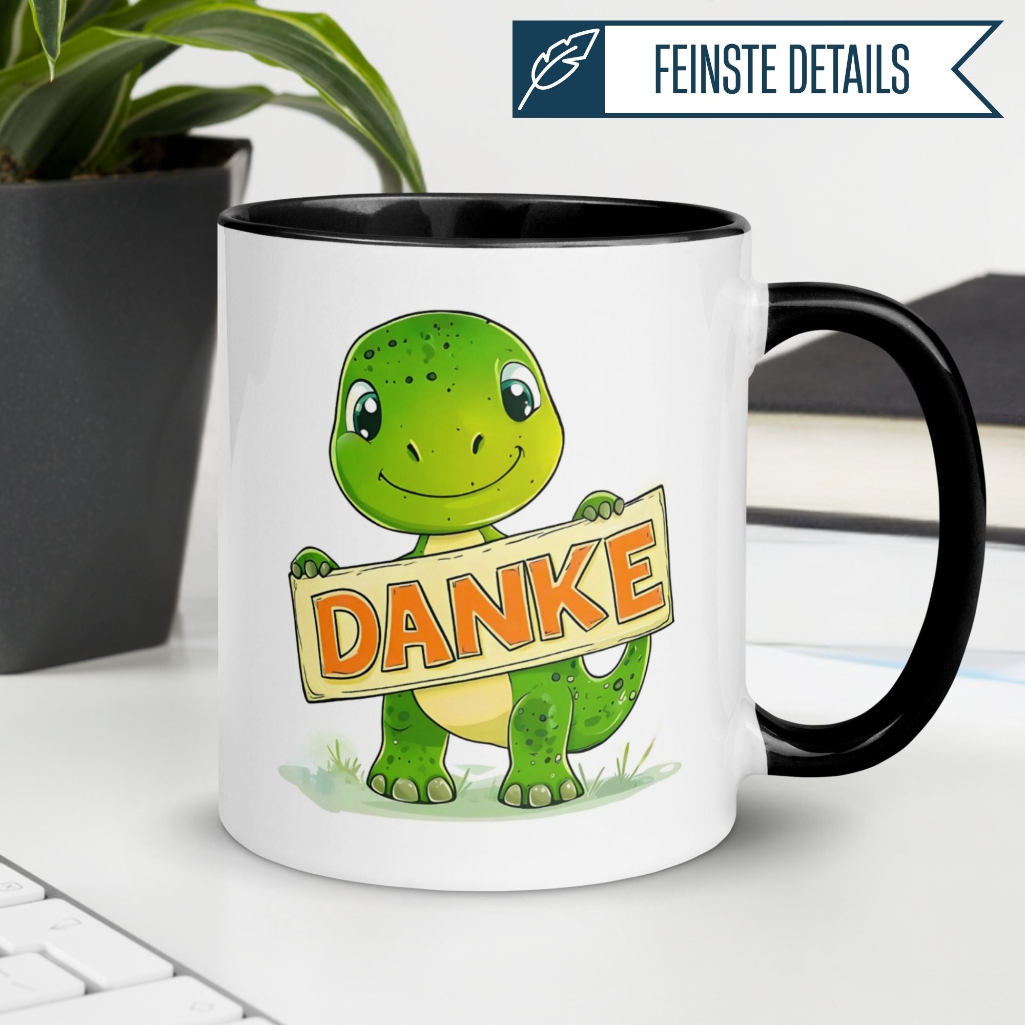 Momentals Tasse mit Dinosaurier, der "Danke" Schild hält, ideal für Wertschätzung in jedem Moment.
