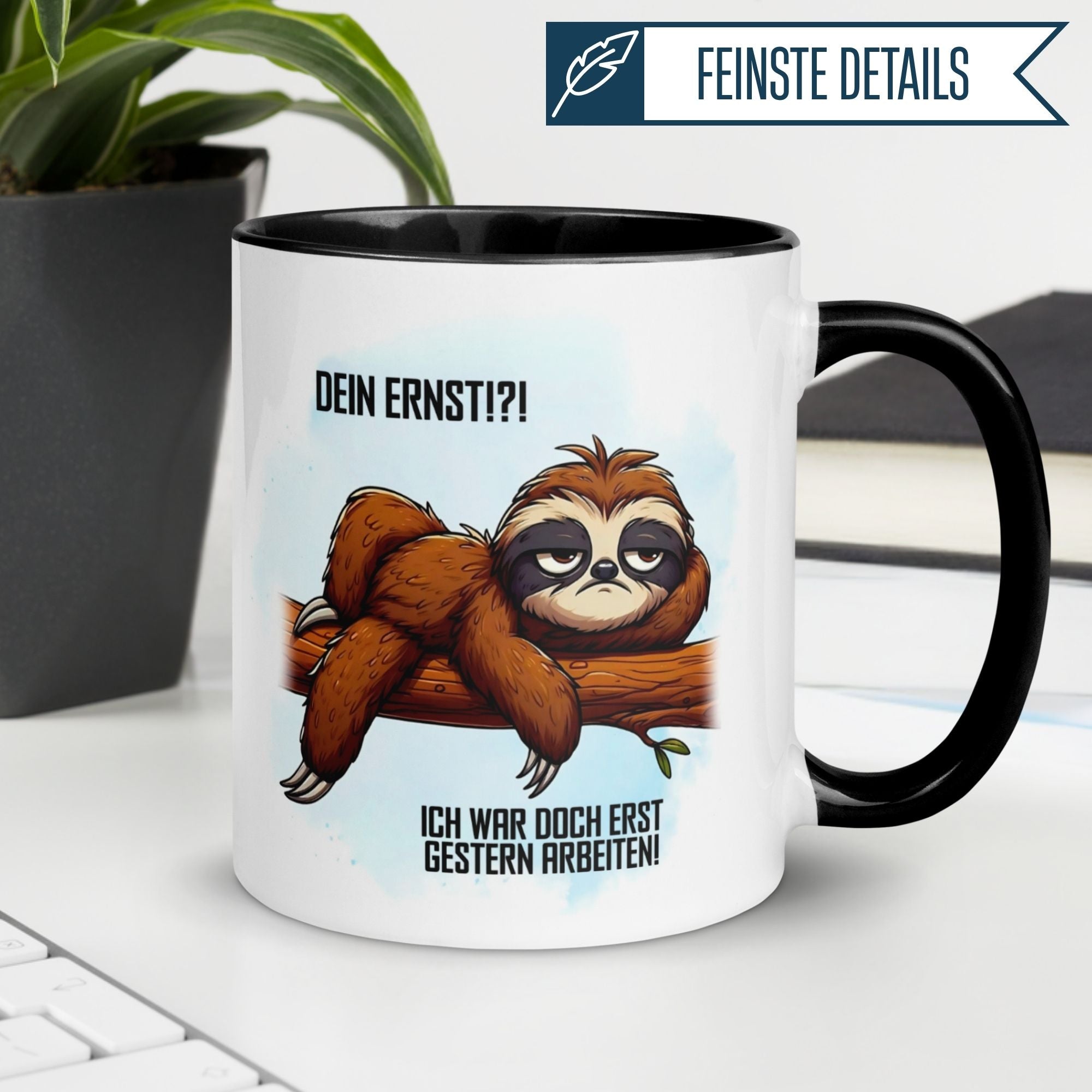 Momentals® Tasse mit Faultier und Spruch 'Ich war doch erst gestern arbeiten' für Morgenmuffel.