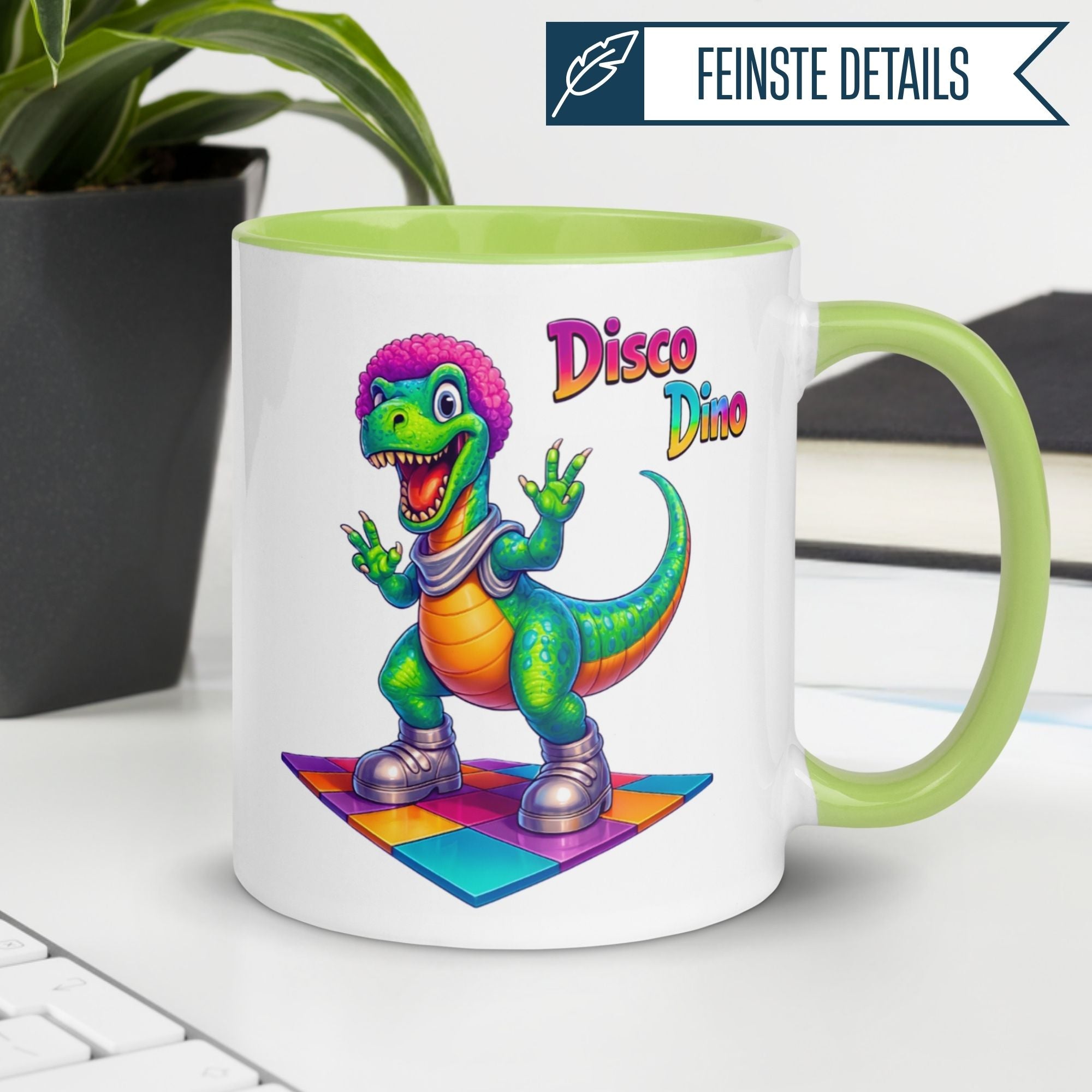Tasse Dinosaurier – „Disco Dino“ – Dino Geschenk Becher für Musik Fans