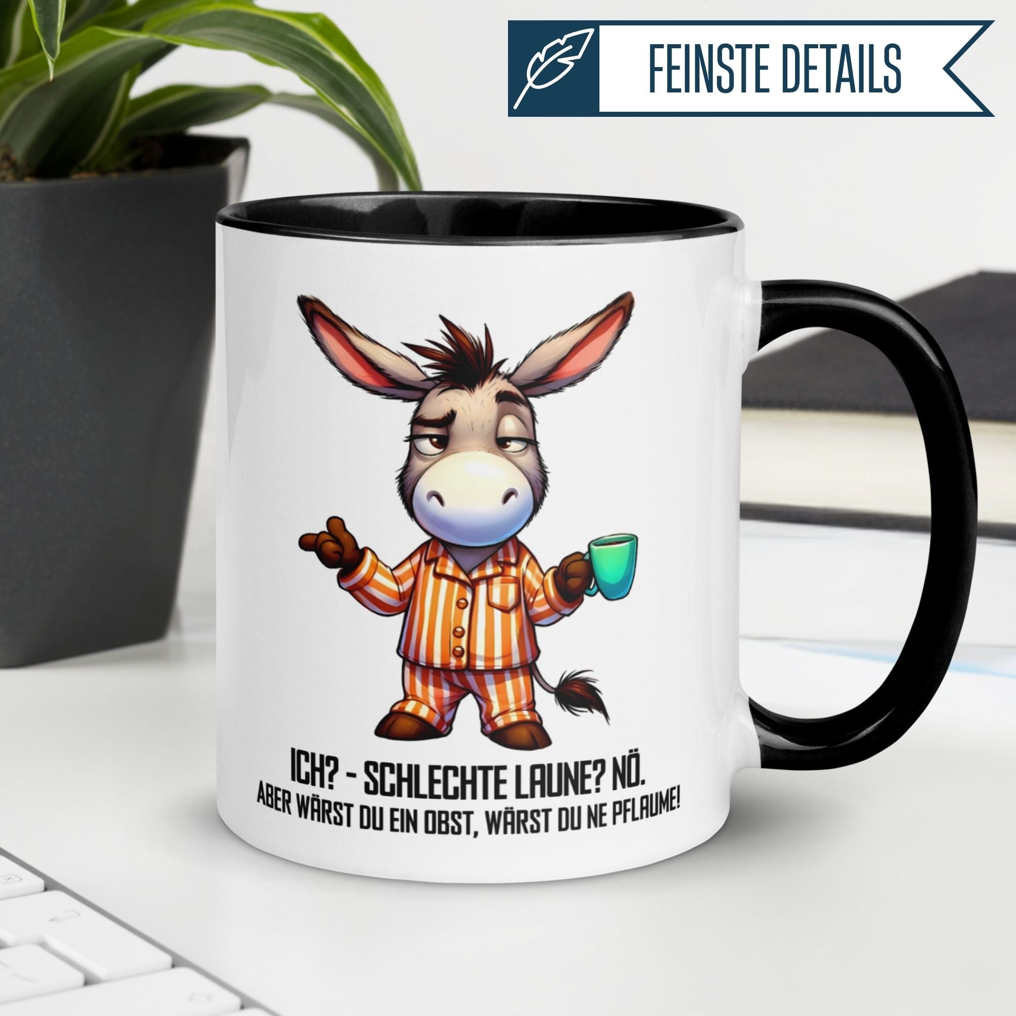 Momentals® Tasse mit Esel-Motiv und Spruch für Morgenmuffel: "Wärst du ein Obst – wärst du ne Pflaume."