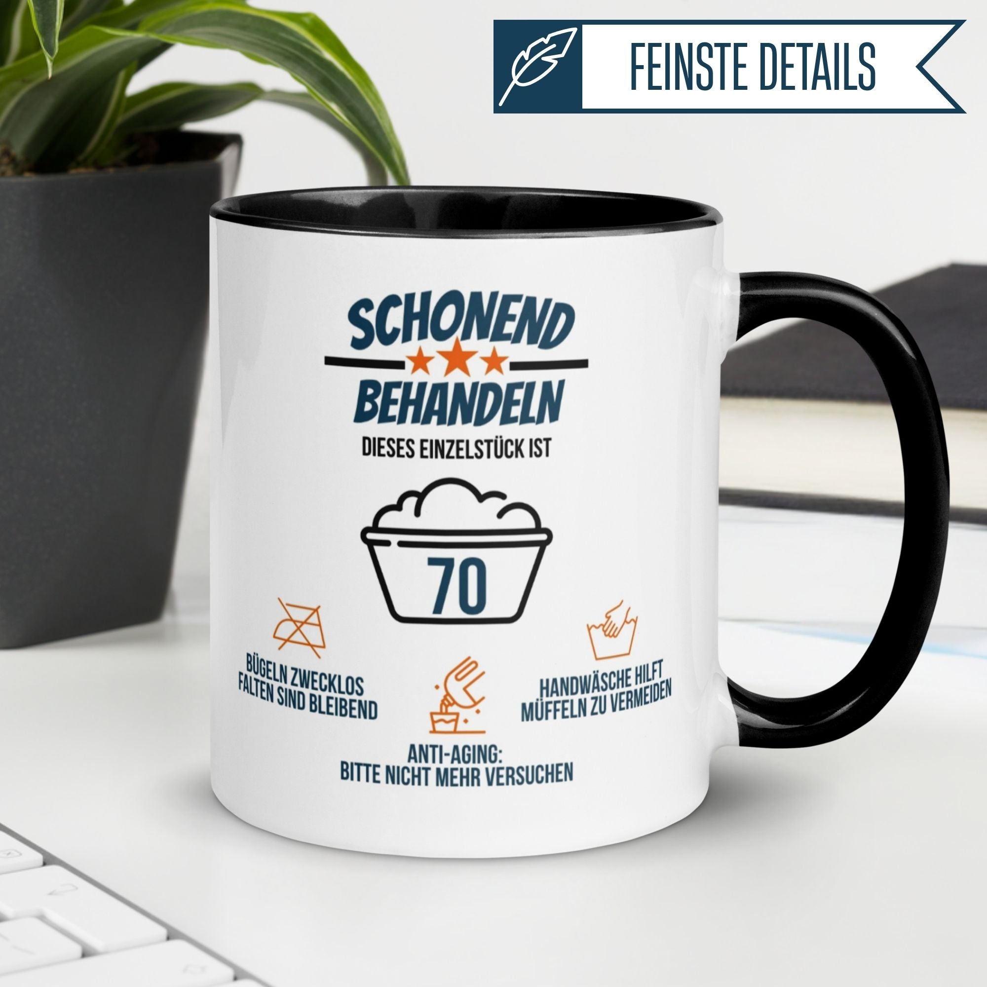 Momentals® Tasse zum 70. Geburtstag mit humorvollem Spruch und Anweisungen – ein einzigartiges Geschenk für Männer.