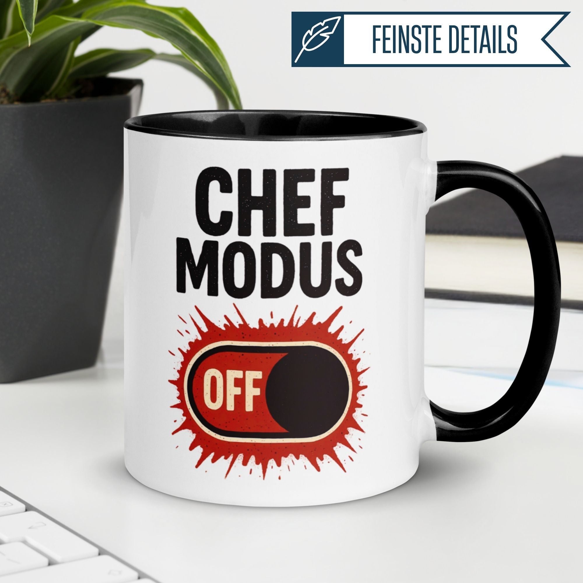 Momentals Tasse Chef Modus AUS mit witzigem Ein-Aus-Schalter Motiv, ideal als Abschiedsgeschenk für Chefs.