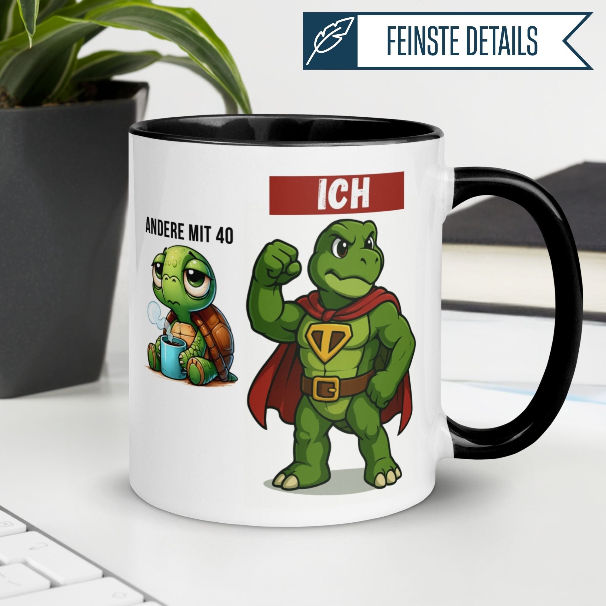 Momentals® Tasse für 40. Geburtstag mit humorvollem Schildkrötenmotiv "Andere mit 40 und Ich"