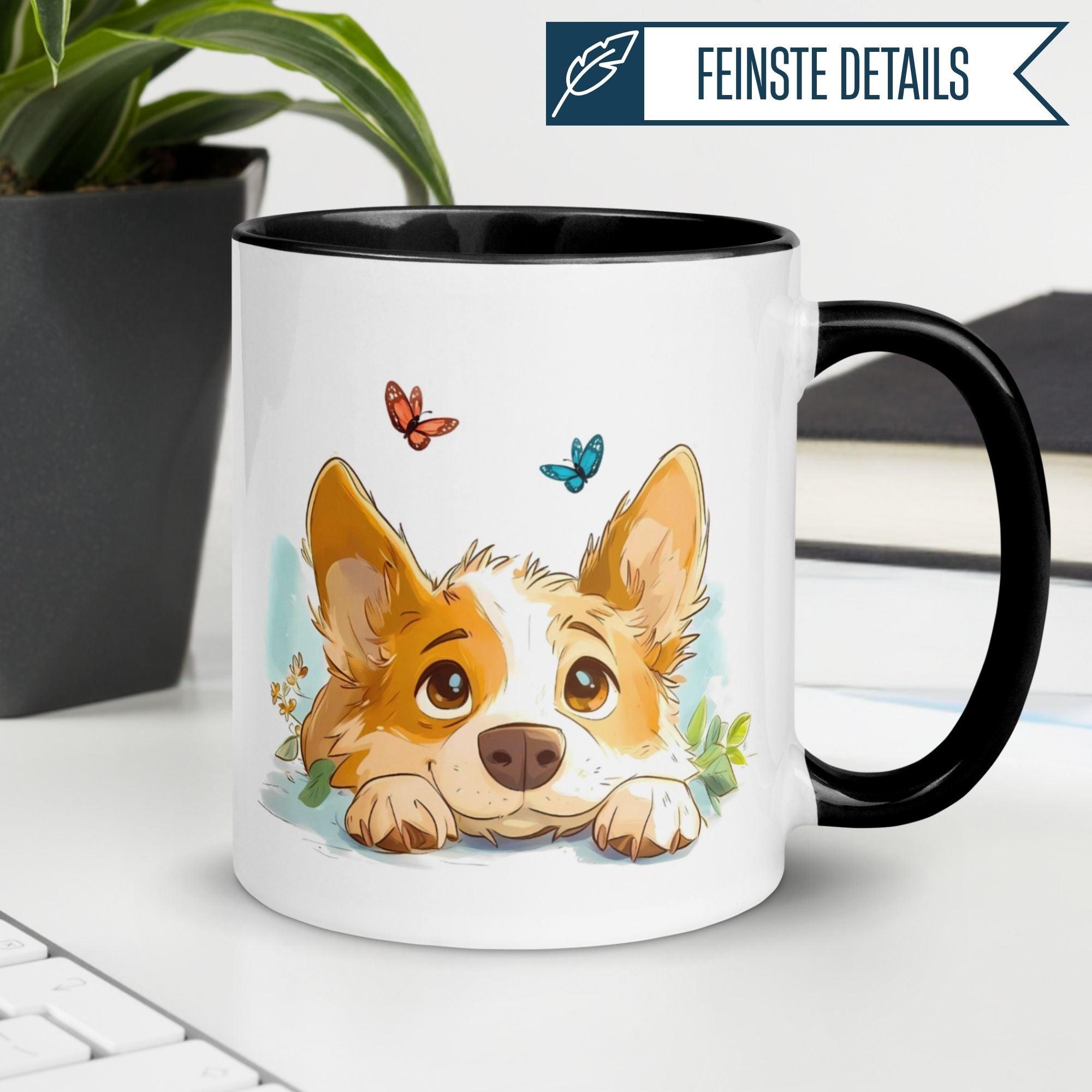 Momentals Tasse mit Corgi und Schmetterlingen, perfekt für Morgenmuffel und Liebhaber von Kaffeetassen.