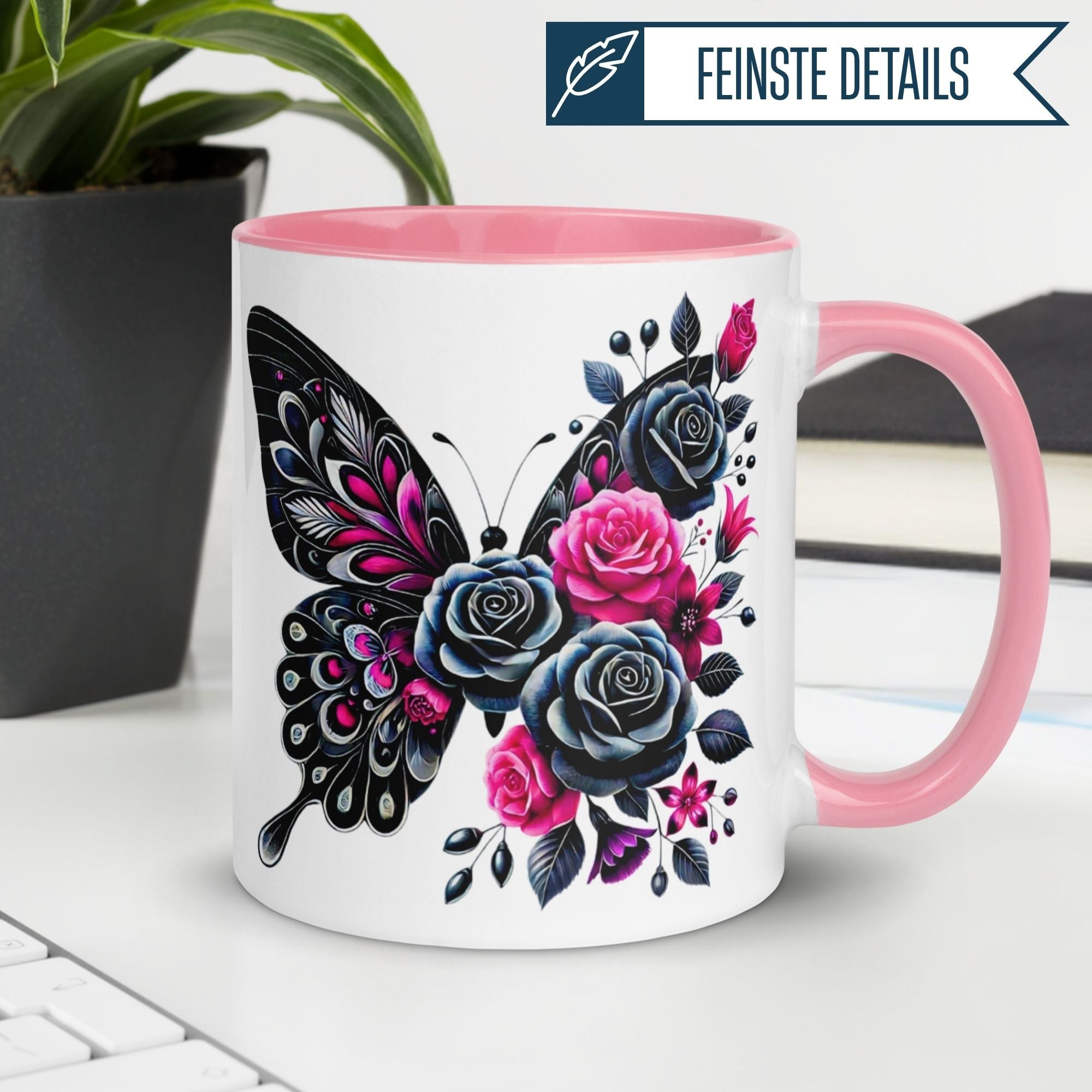 Momentals® Tasse | Schmetterling & Rosendesign | Dunkle Eleganz in Schwarz & Pink