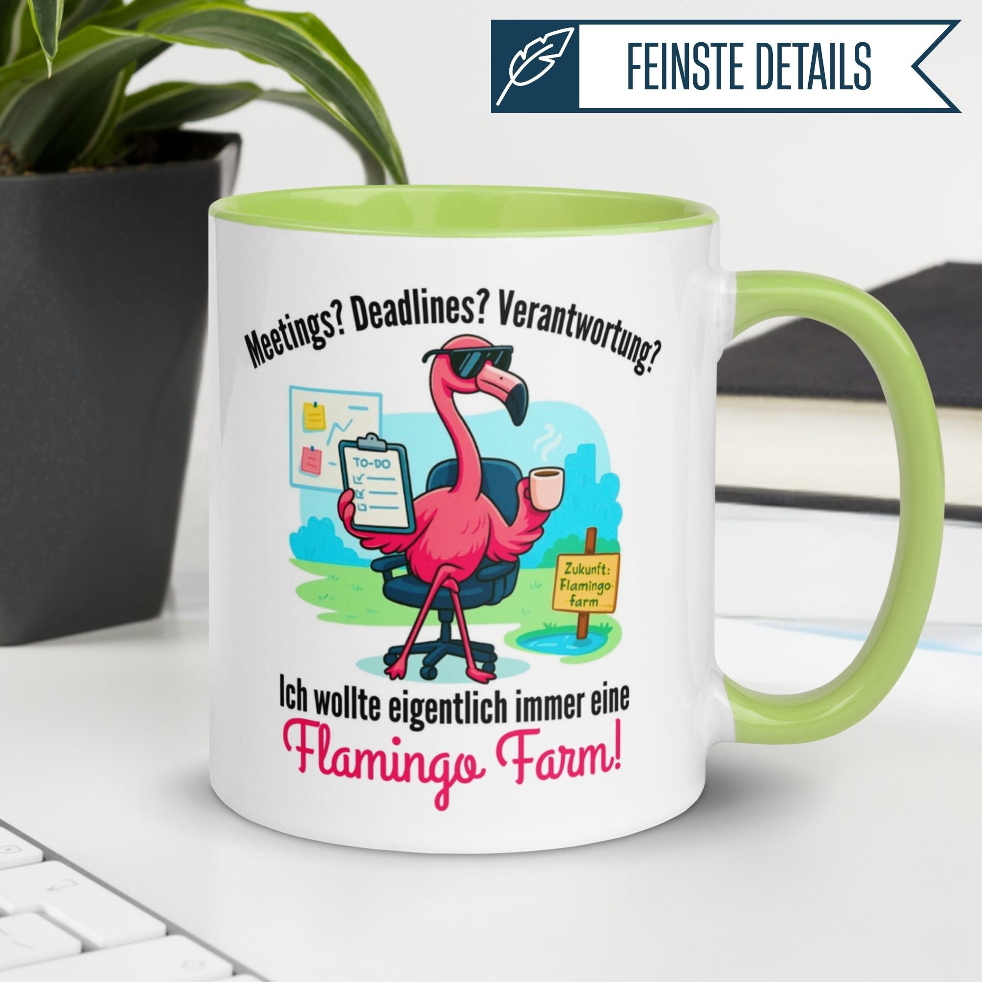Momentals Tasse für Morgenmuffel mit Flamingo-Motiv und humorvollem Spruch über ein Flamingo Farm Traum.