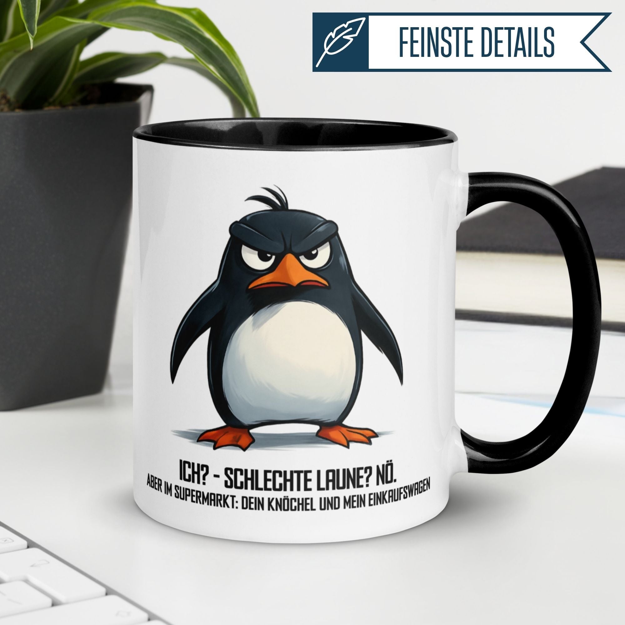 Momentals Tasse für Morgenmuffel mit Pinguin-Motiv und witzigem Spruch.