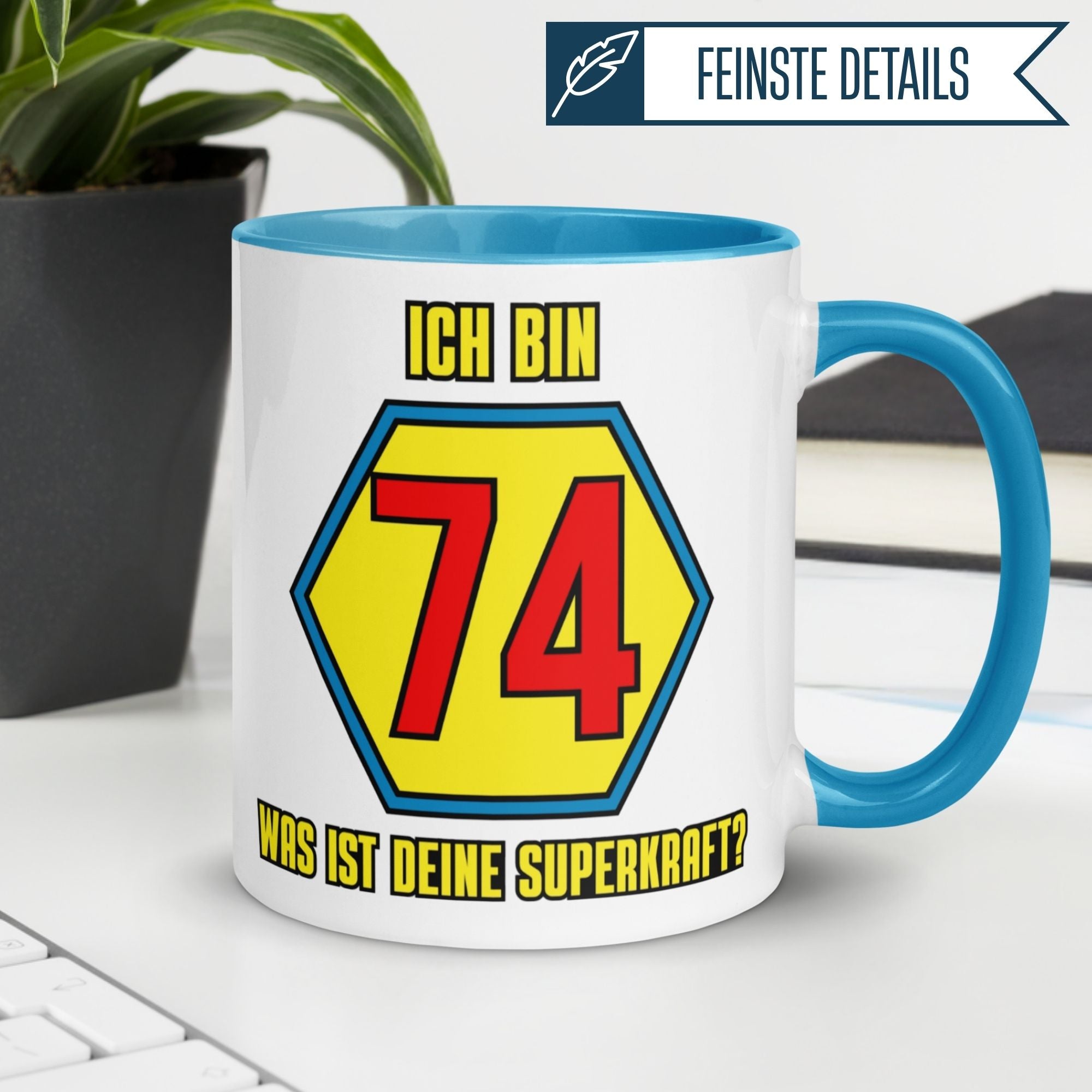 Momentals® Tasse 74. Geburtstag | Superheld & Spruch | Ich bin 74 und was ist deine Superkraft
