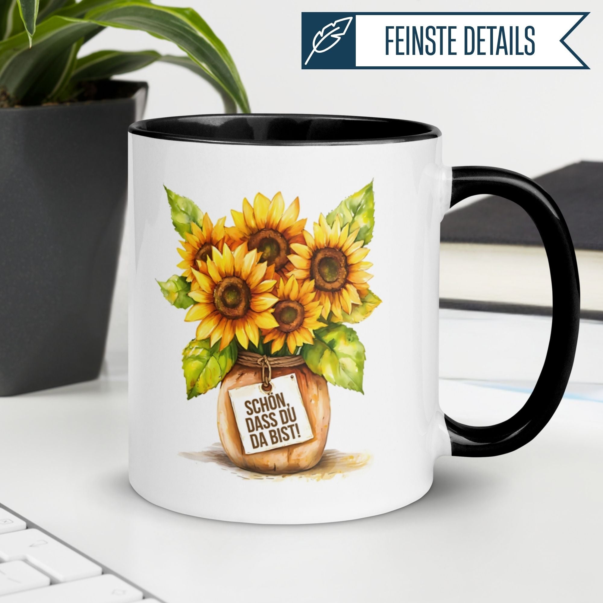 Momentals Tasse mit Sonnenblumen: "Schön, dass du da bist!" – perfekt für Wertschätzung und Kaffeepausen.