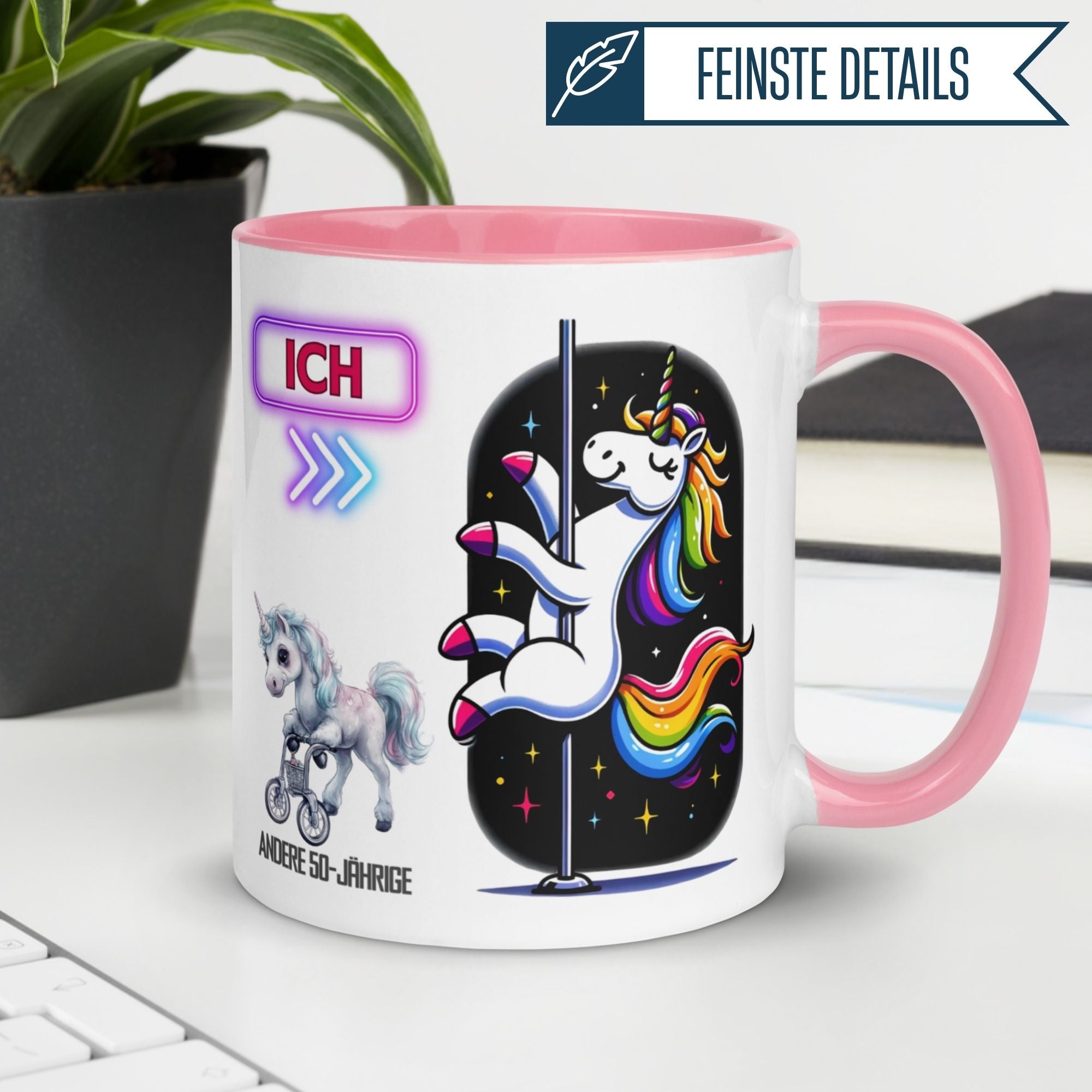 Bunte Geburtstagstasse zum 50. Geburtstag mit Einhorn-Motiv und Spruch "Andere 50-Jährige"