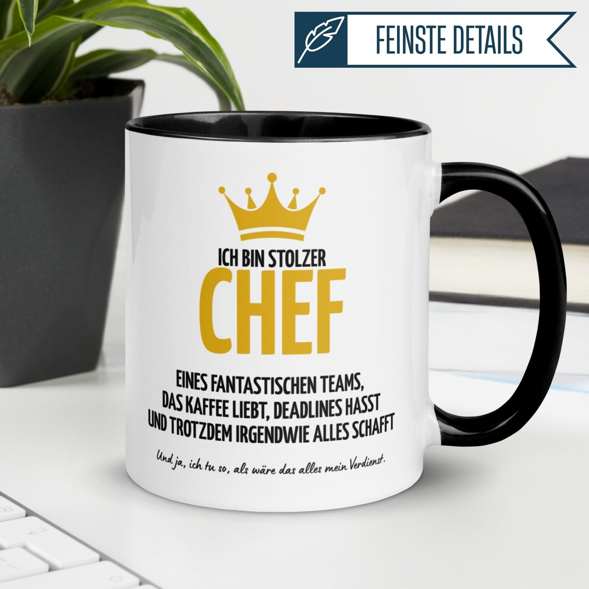 Tasse für Chef mit motivierendem Spruch und Krone, ideales Geschenk für ein fantastisches Team.