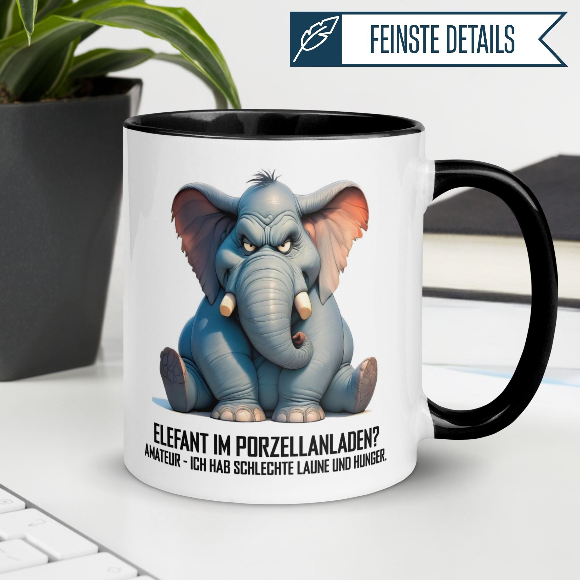 Momentals Tasse für Morgenmuffel mit Elefant und witzigem Spruch über schlechte Laune und Hunger.