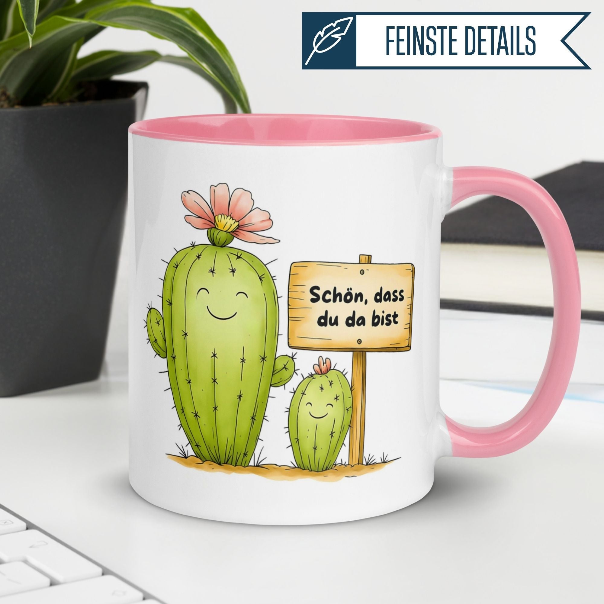 Bunte Momentals Tasse mit Kaktus-Motiv und Dankespruch "Schön, dass du da bist".