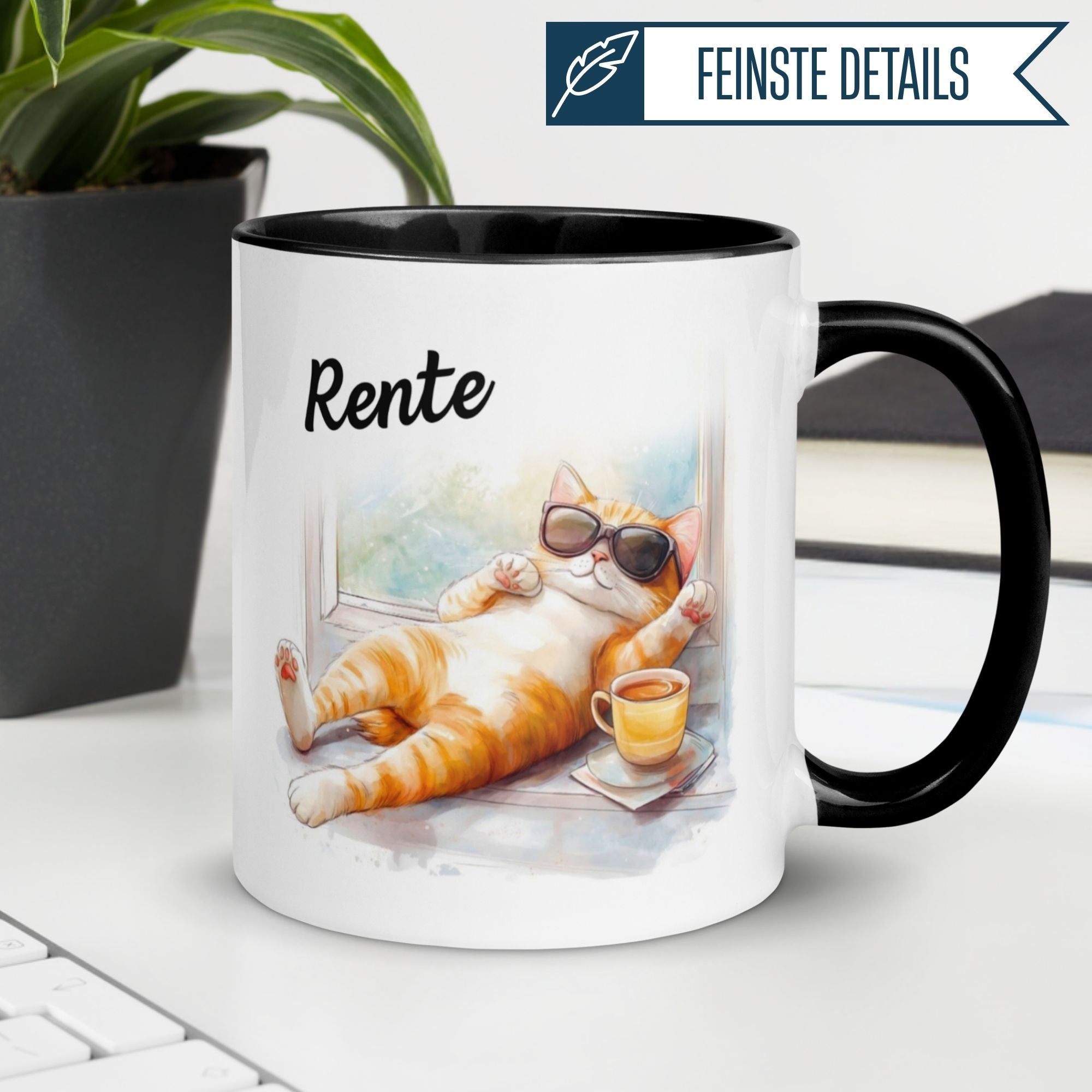 Schicke Tasse mit chillender Katze in Sonnenbrille und dem Text "Rente" für entspannte Kaffeepausen.
