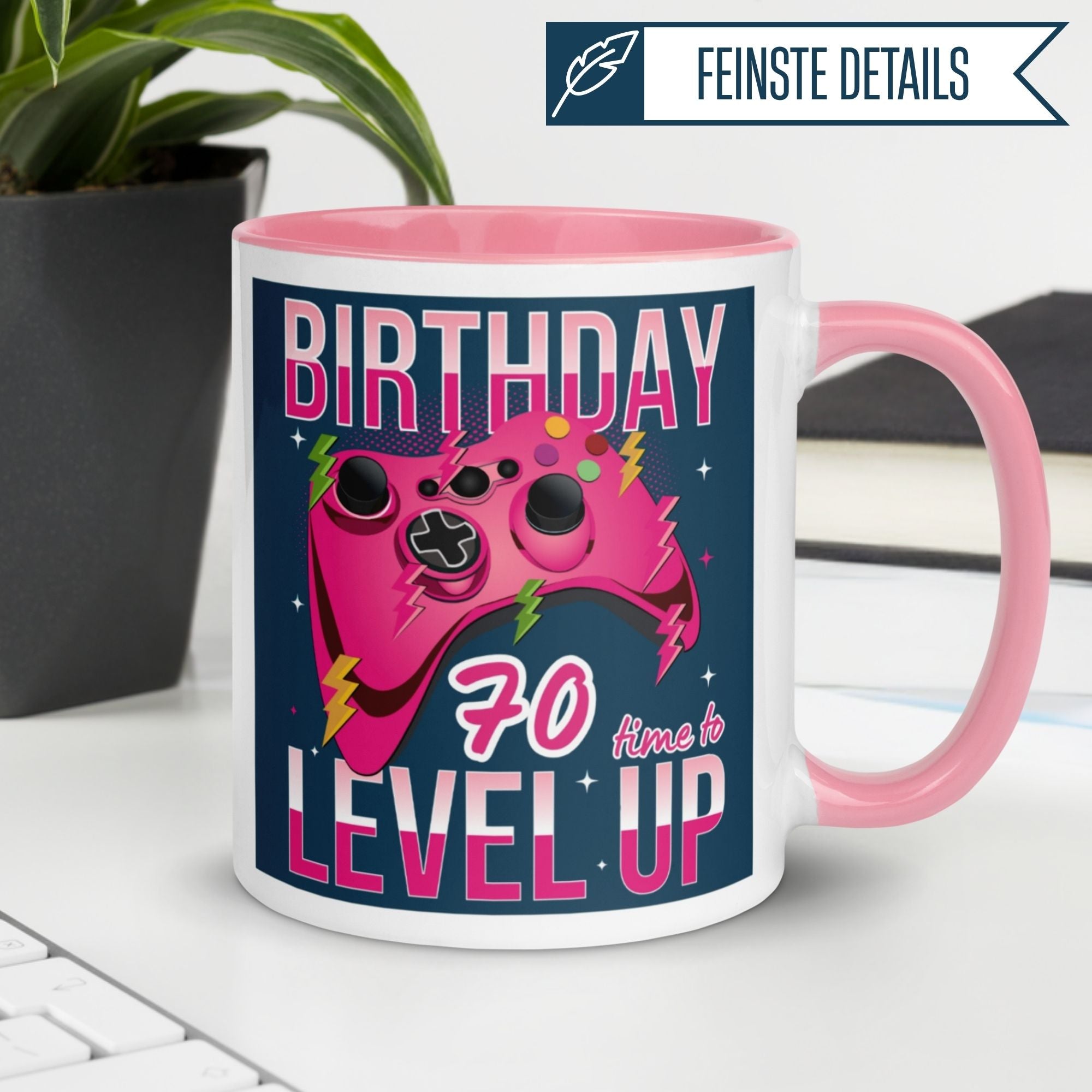 Momentals® birthday mug for gamers, featuring a pink game controller and the text '70 Time to Level Up'.