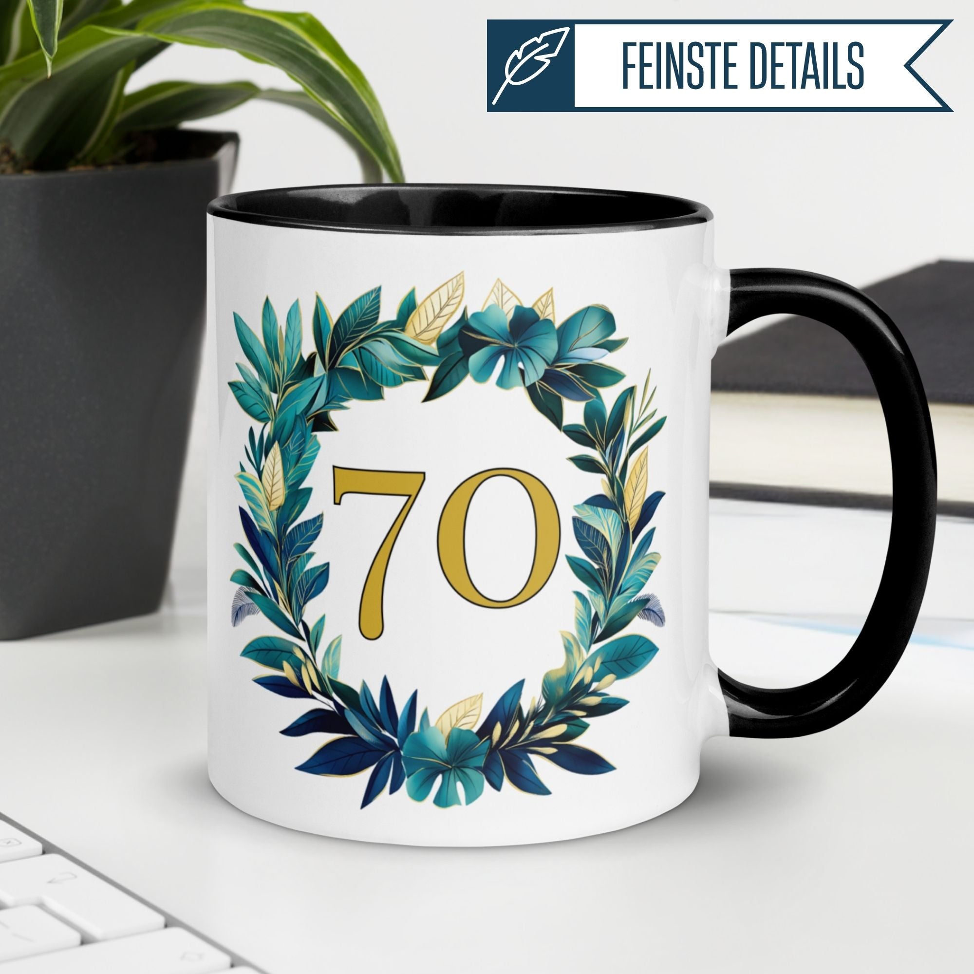 Momentals® Geburtstagstasse 70 mit goldener Zahl im eleganten Blätterkranz, perfekt als Geschenk.