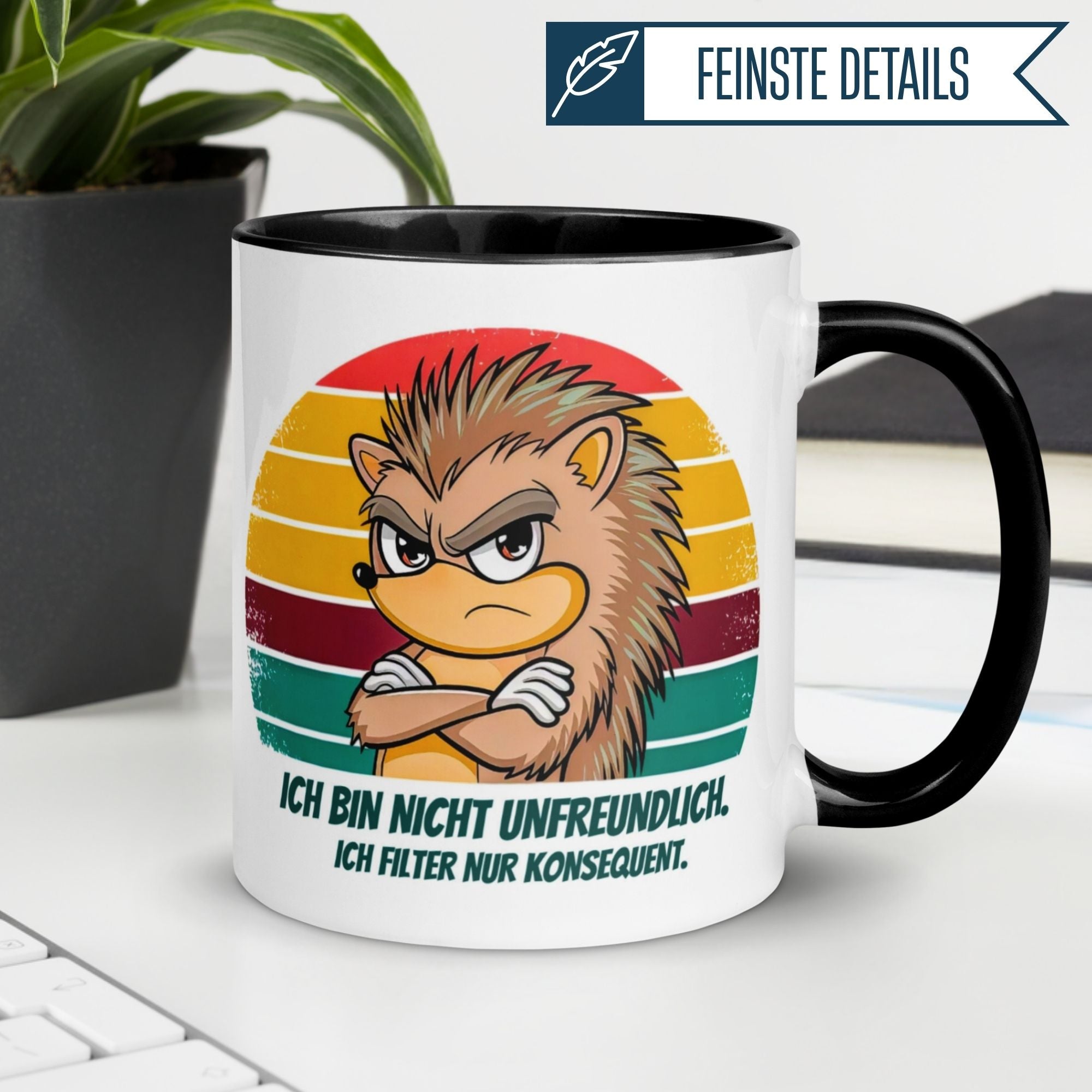 Momentals® Tasse mit Igel-Motiv und Spruch: 'Ich bin nicht unfreundlich. Ich filter nur konsequent.'
