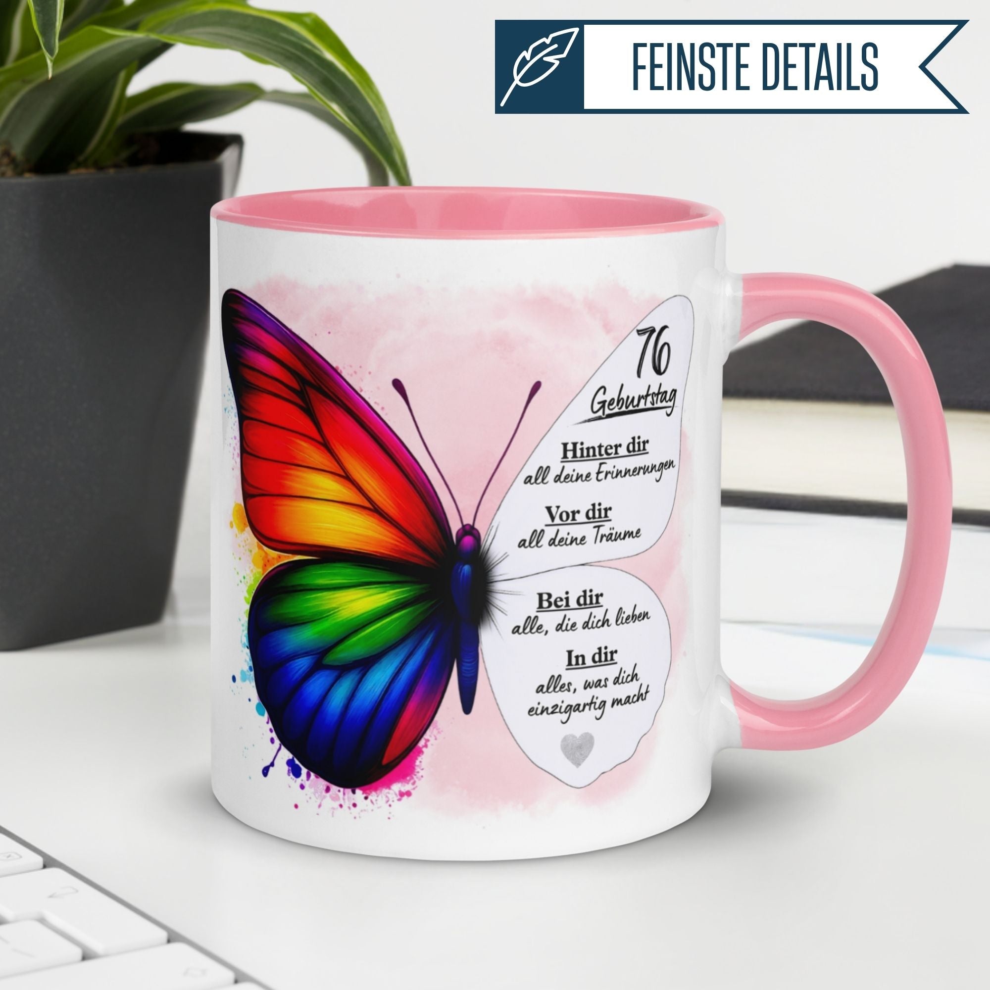 Momentals® Tasse 76. Geburtstag | Schmetterling & Spruch | Hinter dir Erinnerungen - Vor dir Träume
