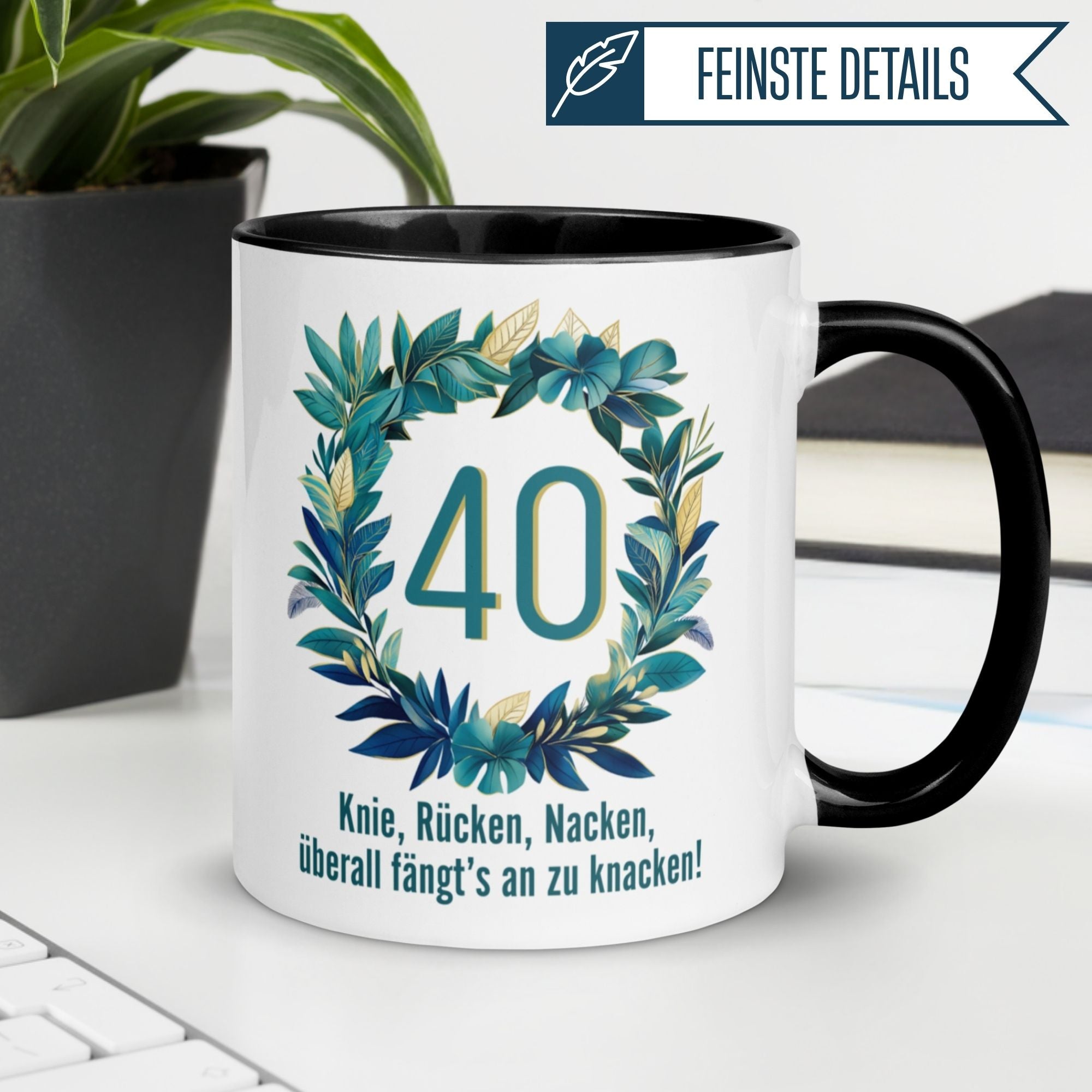 Momentals® birthday mug for men, celebrating 40 with humorous quote and floral design.