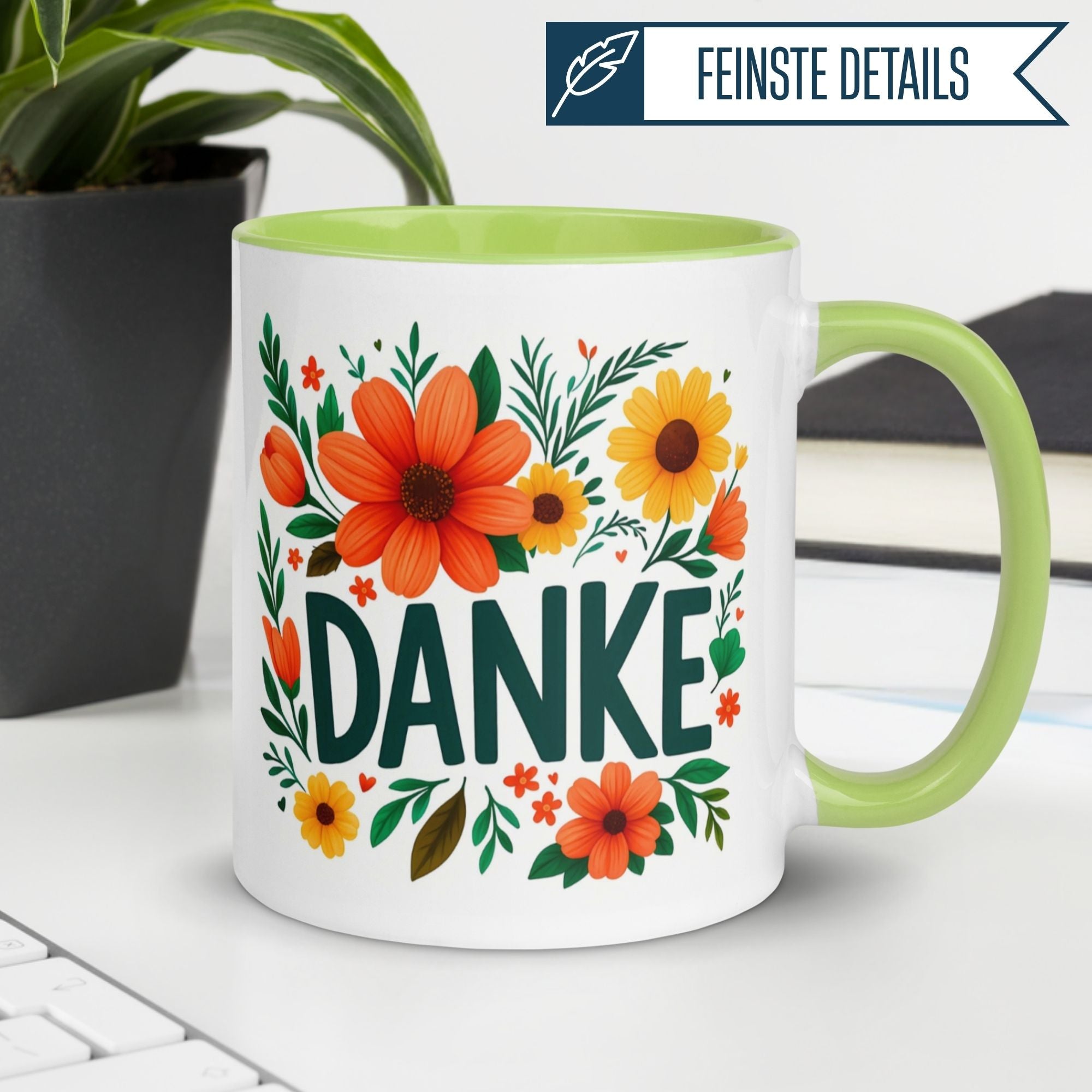 Momentals® Tasse Danke mit bunten Blumen und grünem Henkel für herzliche Wertschätzung.