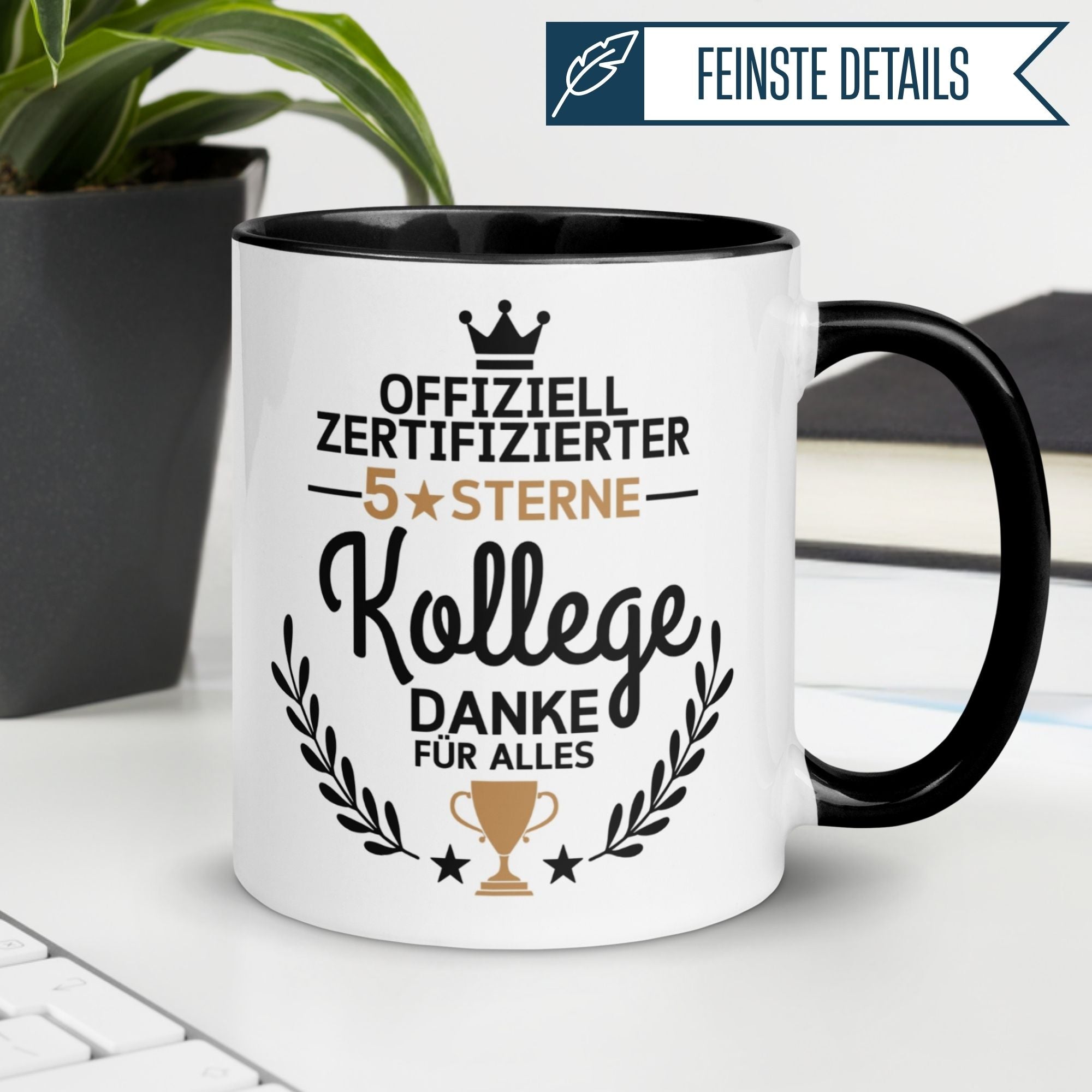 Momentals Tasse für Kollegen, 5-Sterne Design mit Spruch "Danke für alles" und Trophäe.
