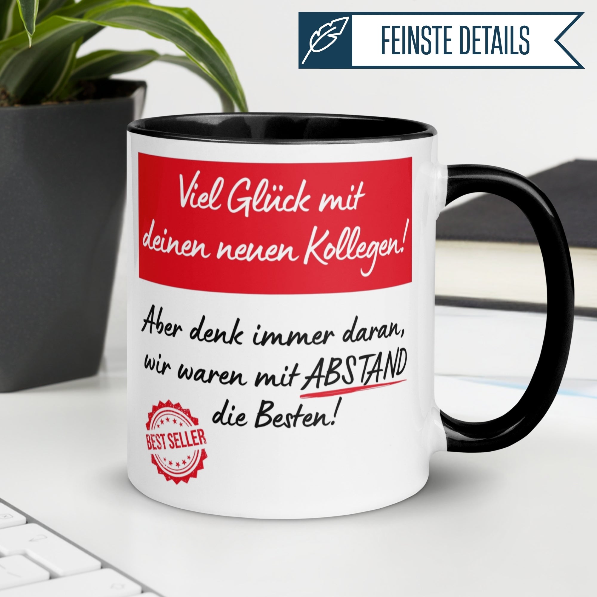 Momentals Tasse Abschied mit Spruch über neue Kollegen und Wertschätzung im humorvollen Design.