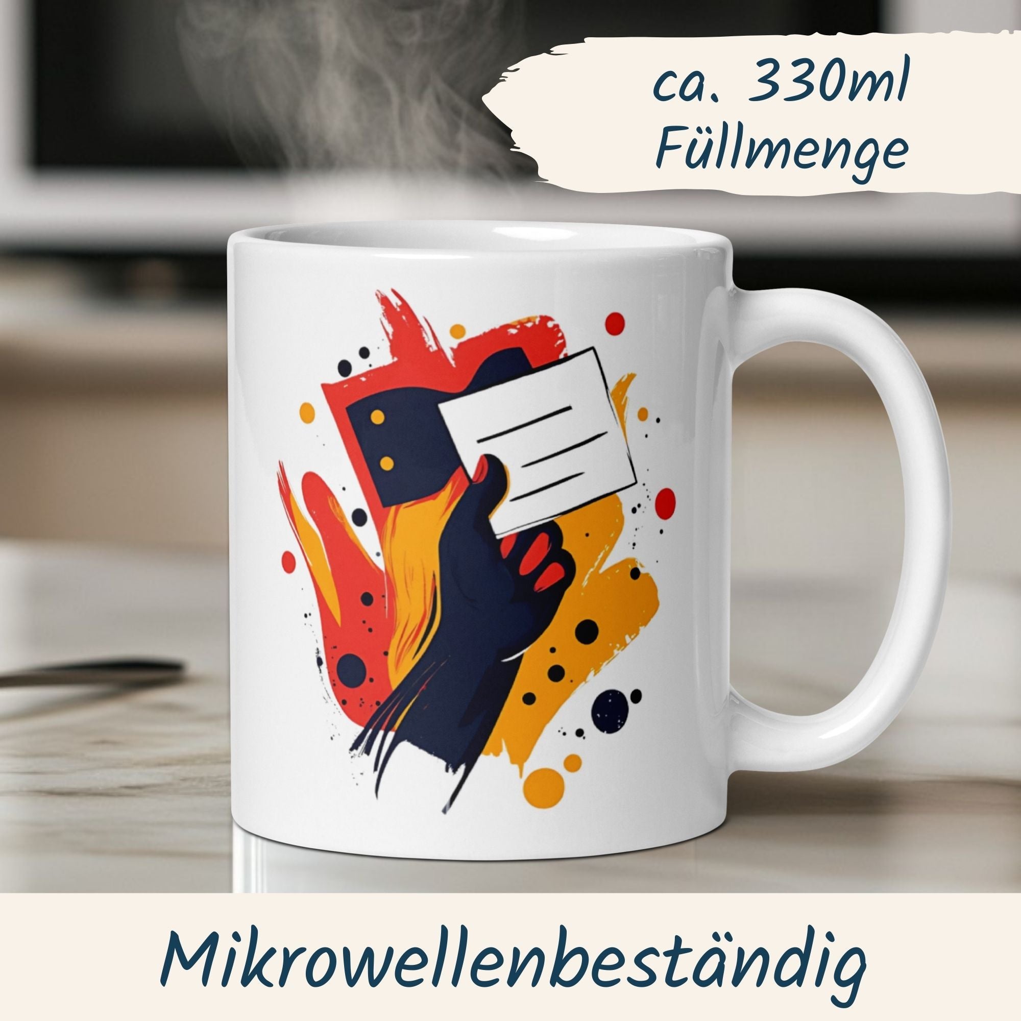 Momentals® Tasse mit politischem Motiv: Hand hält Wahlzettel in leuchtenden Farben, ideal für Demokratie-Fans.