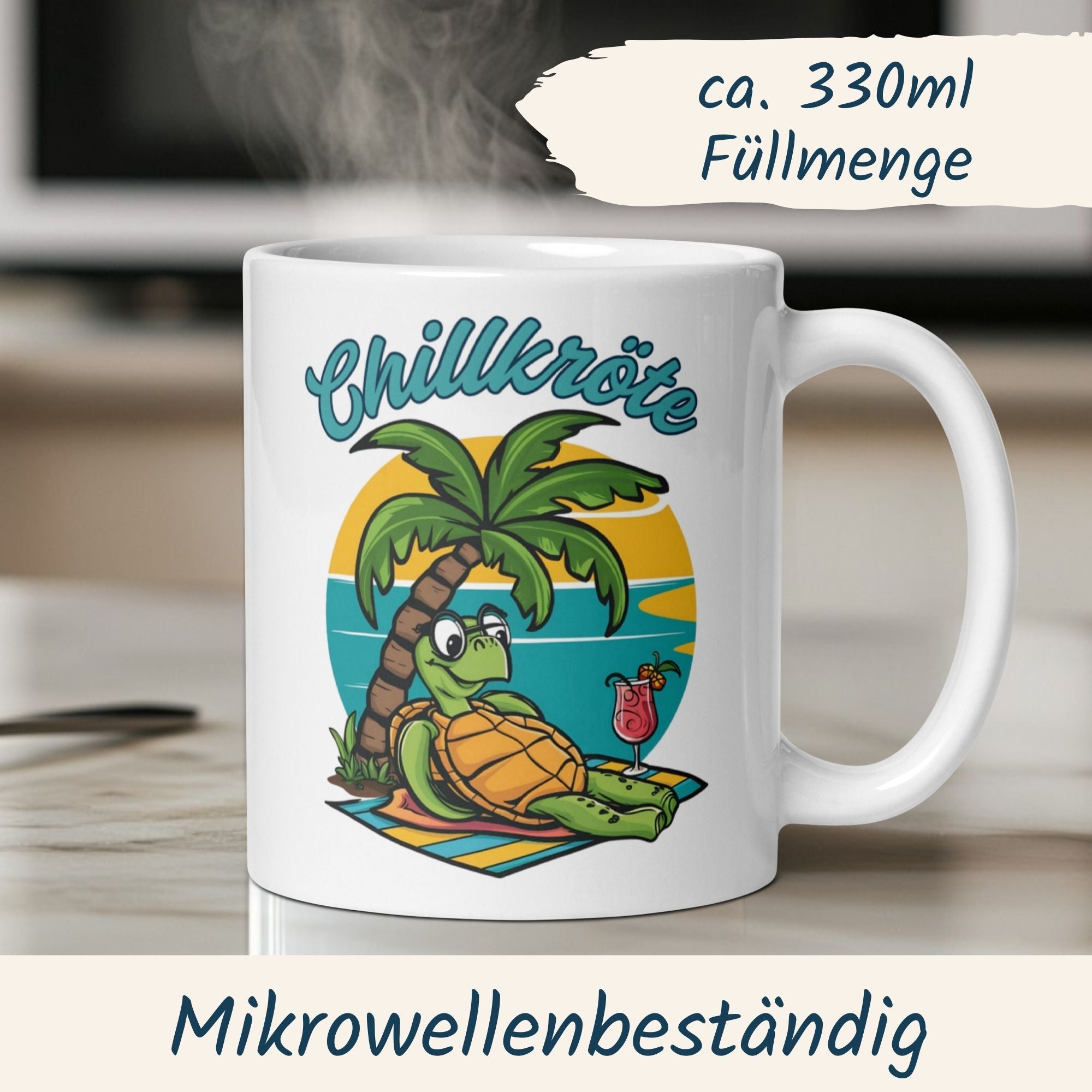 Chillkröte Tasse mit entspanntem Schildkröten-Motiv unter Palme, ideal für Sommer und gute Laune.
