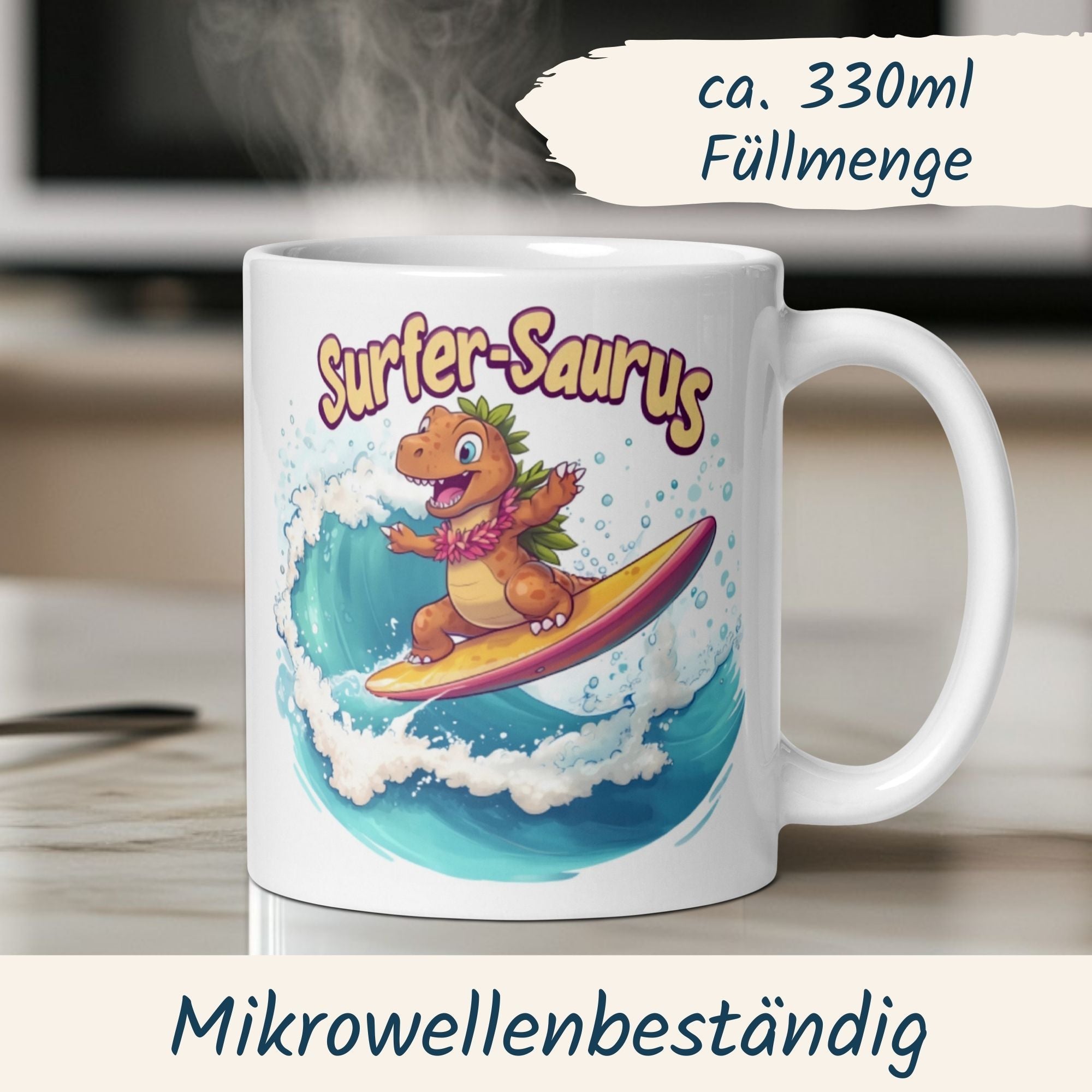 Surfer-Saurus Tasse mit Dinosaurier auf Surfbrett, perfekt für Sommerfans und Dino-Liebhaber.