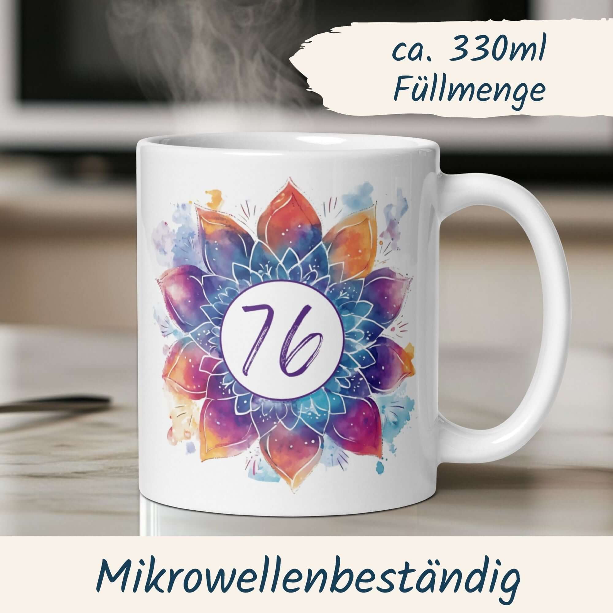 Bunte Mandala-Tasse zum 76. Geburtstag, hochwertig, spülmaschinen- und mikrowellengeeignet, ca. 330ml.