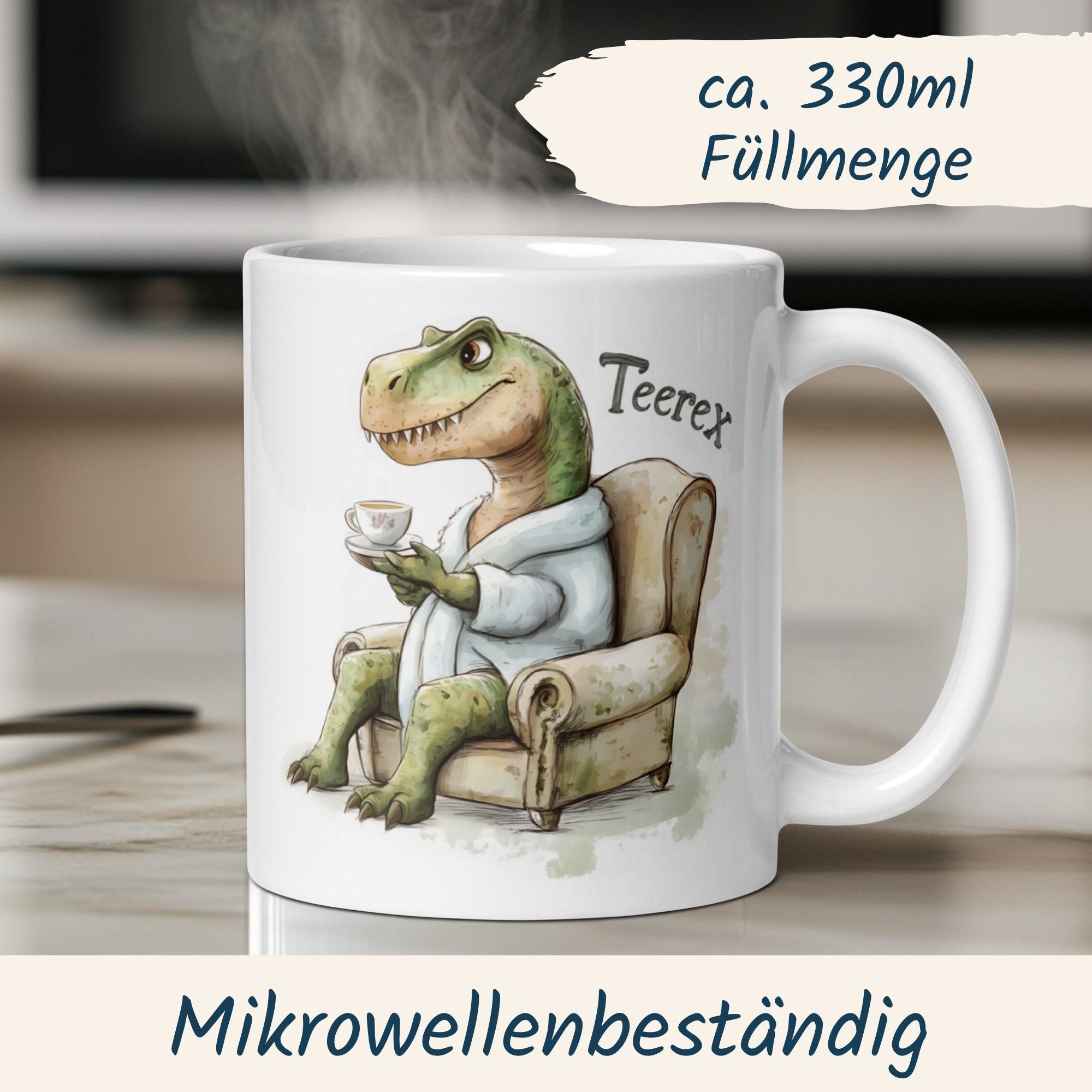Humorous Teerex mug with a dinosaur in a bathrobe, perfect for tea lovers and Dino fans.