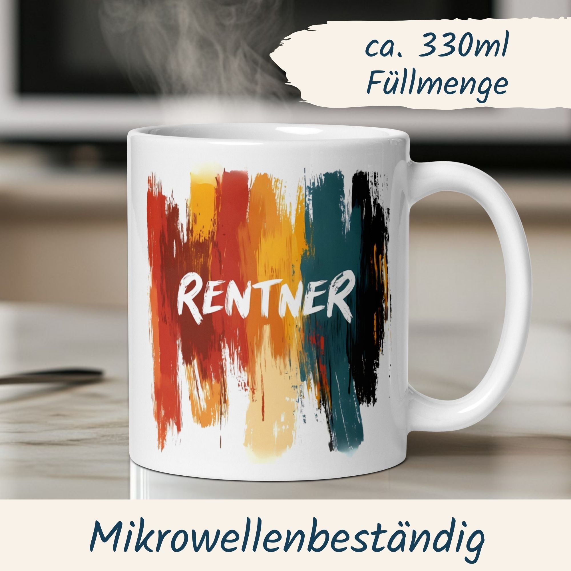Momentals® Tasse Rentner mit buntem Aquarell-Design und Schriftzug "Rentner" – perfektes Geschenk für Ruheständler.