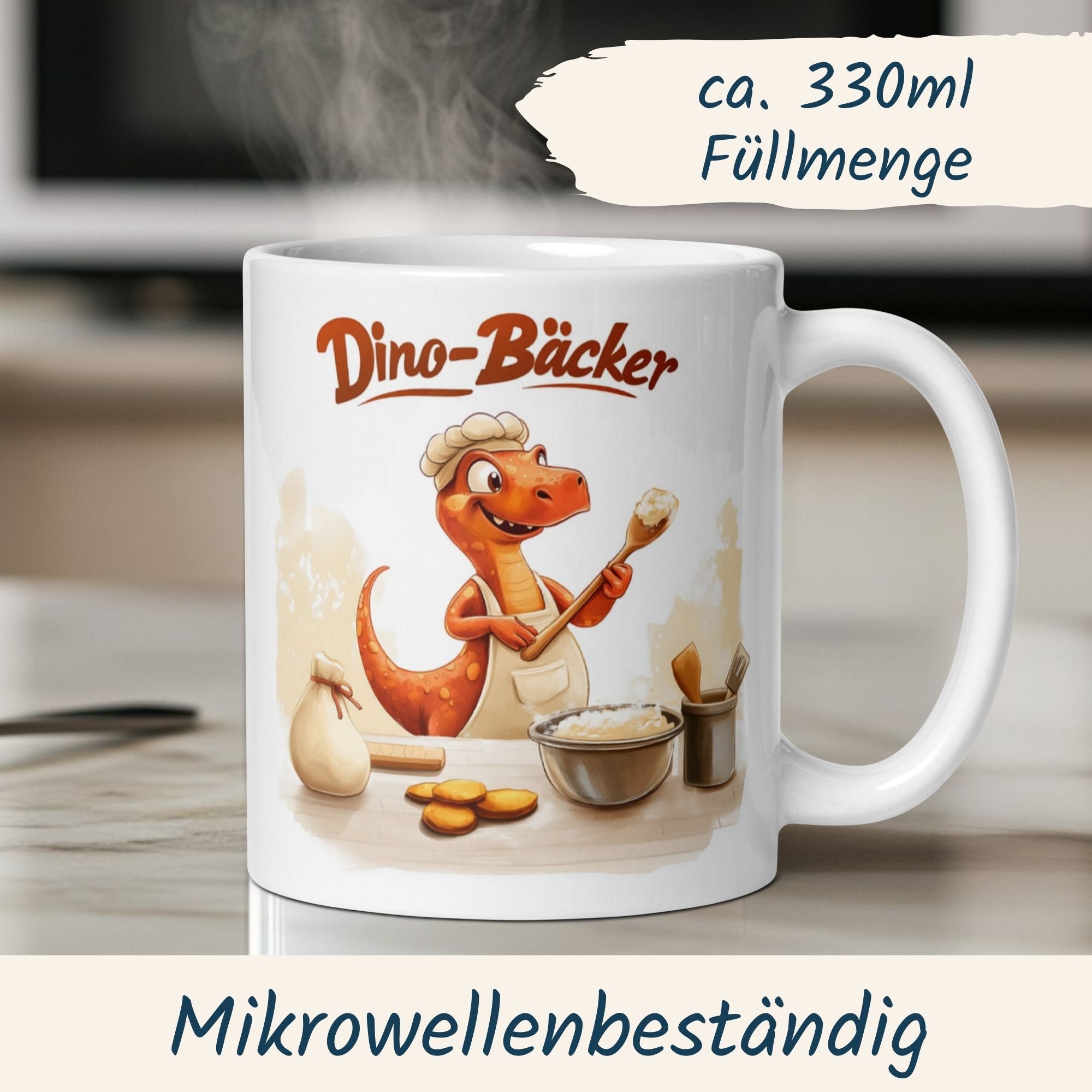 Dino Bäcker Tasse mit einem lustigen Dino-Küchenchef und Teigschüssel, perfekt für Backbegeisterte. Mikrowellenbeständig.