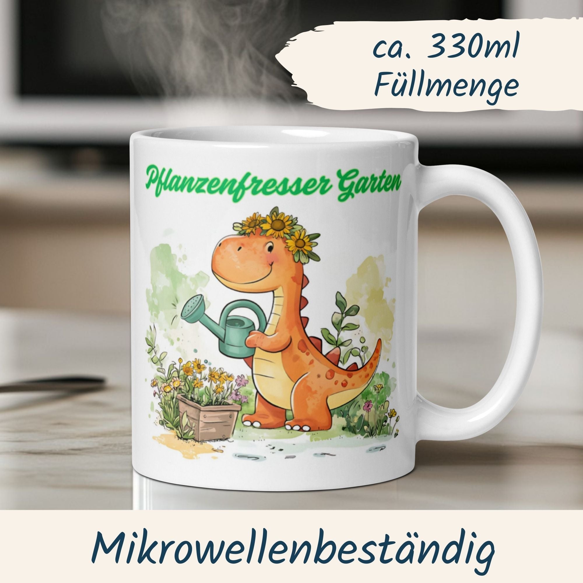Charmante Dinosaurier Tasse als Gärtner mit Gießkanne, perfekt für Natur- und Dino-Liebhaber.